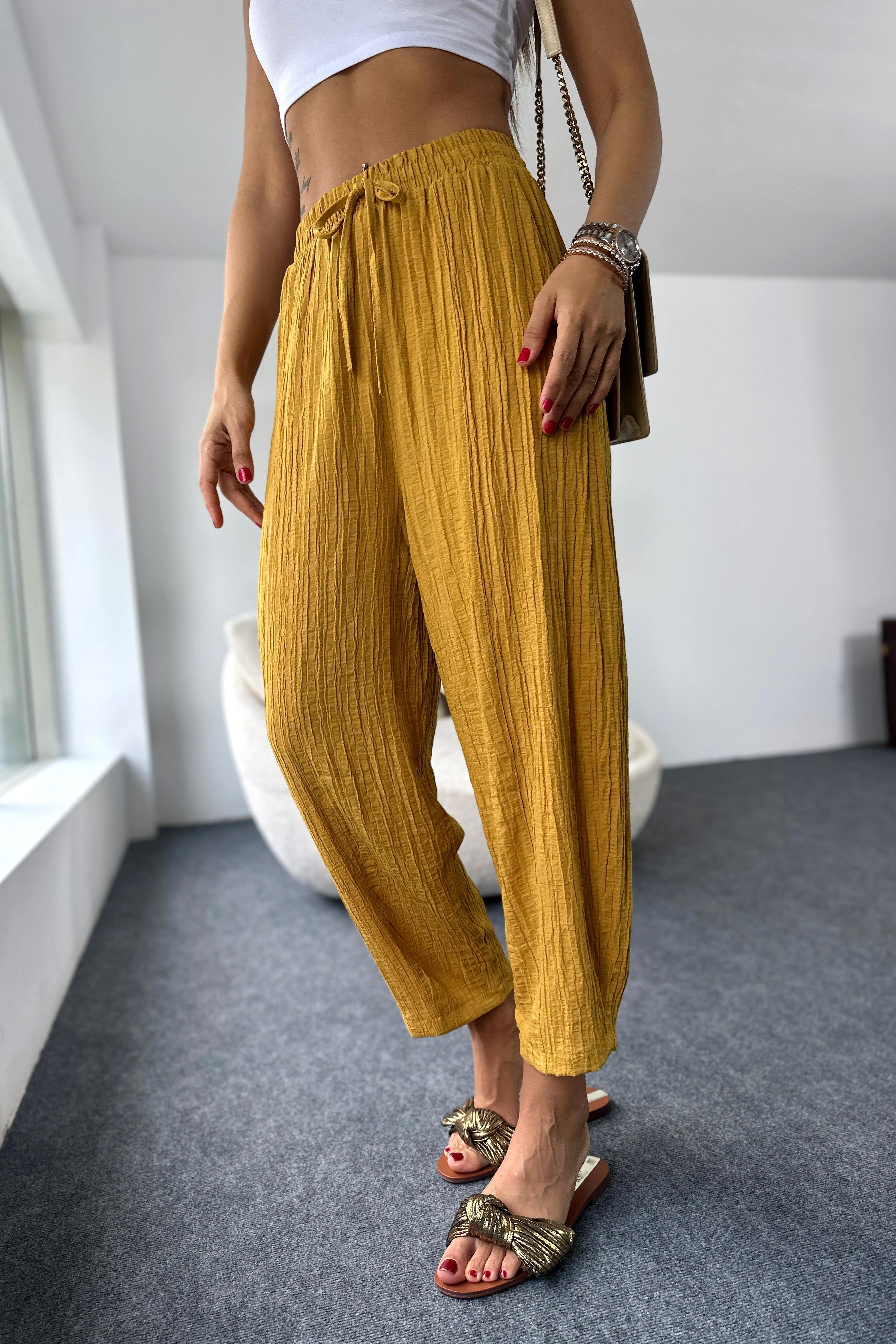Premium Seri Gofre Kumaş Cepli Şalvar Pantolon Hardal