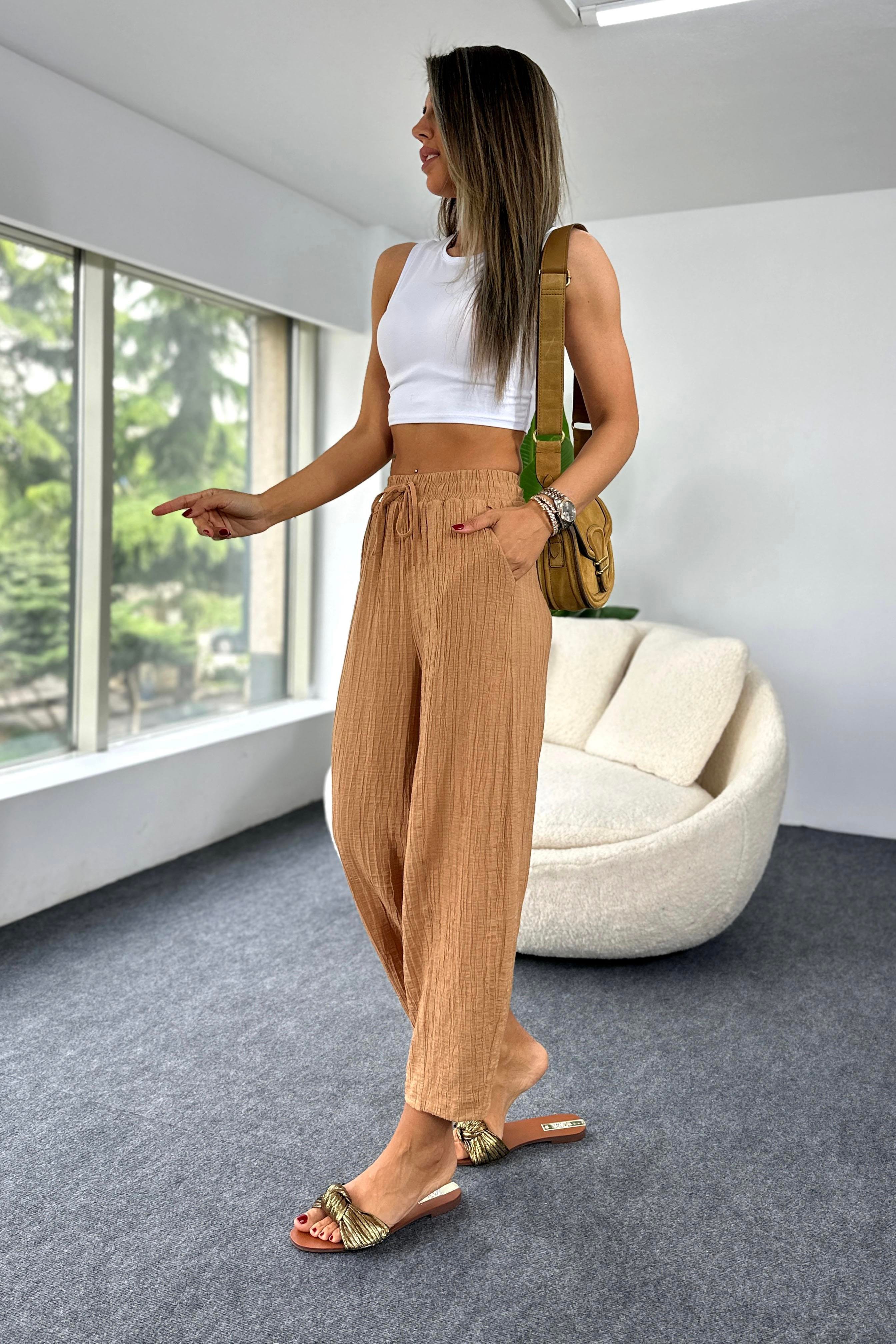 Premium Seri Gofre Kumaş Cepli Şalvar Pantolon Camel