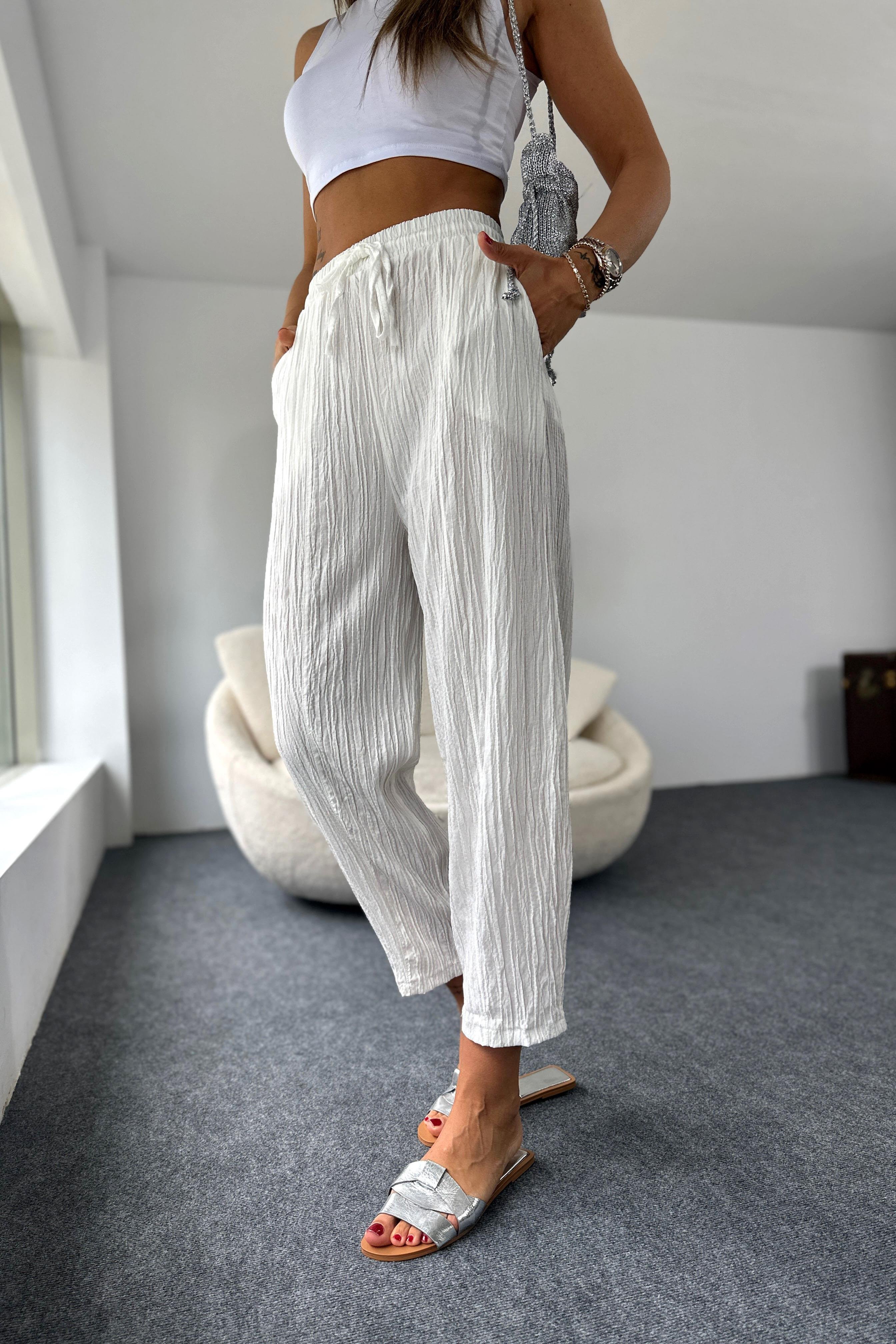 Premium Seri Gofre Kumaş Cepli Şalvar Pantolon Beyaz