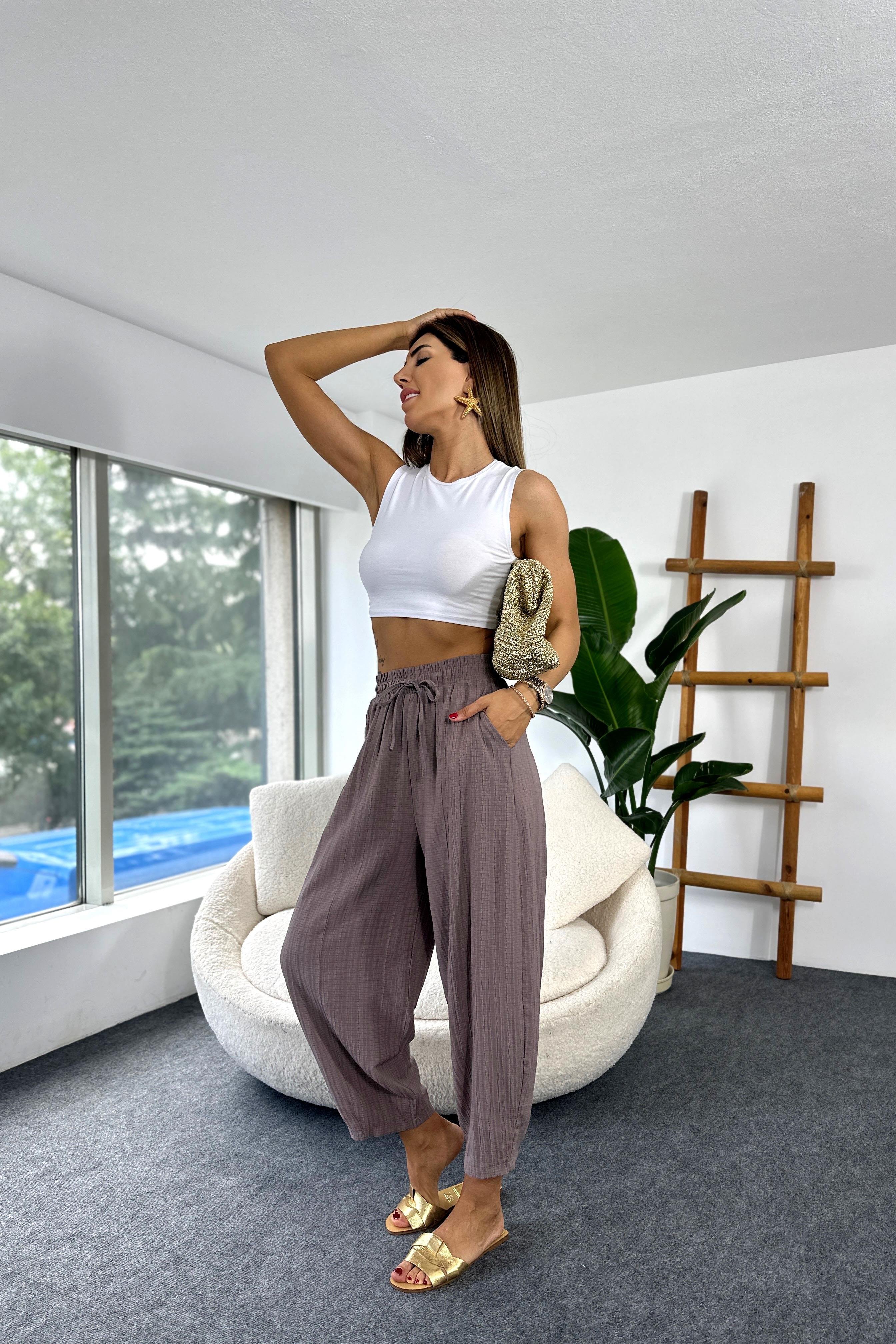 Premium Seri Gofre Kumaş Cepli Şalvar Pantolon Mürdüm
