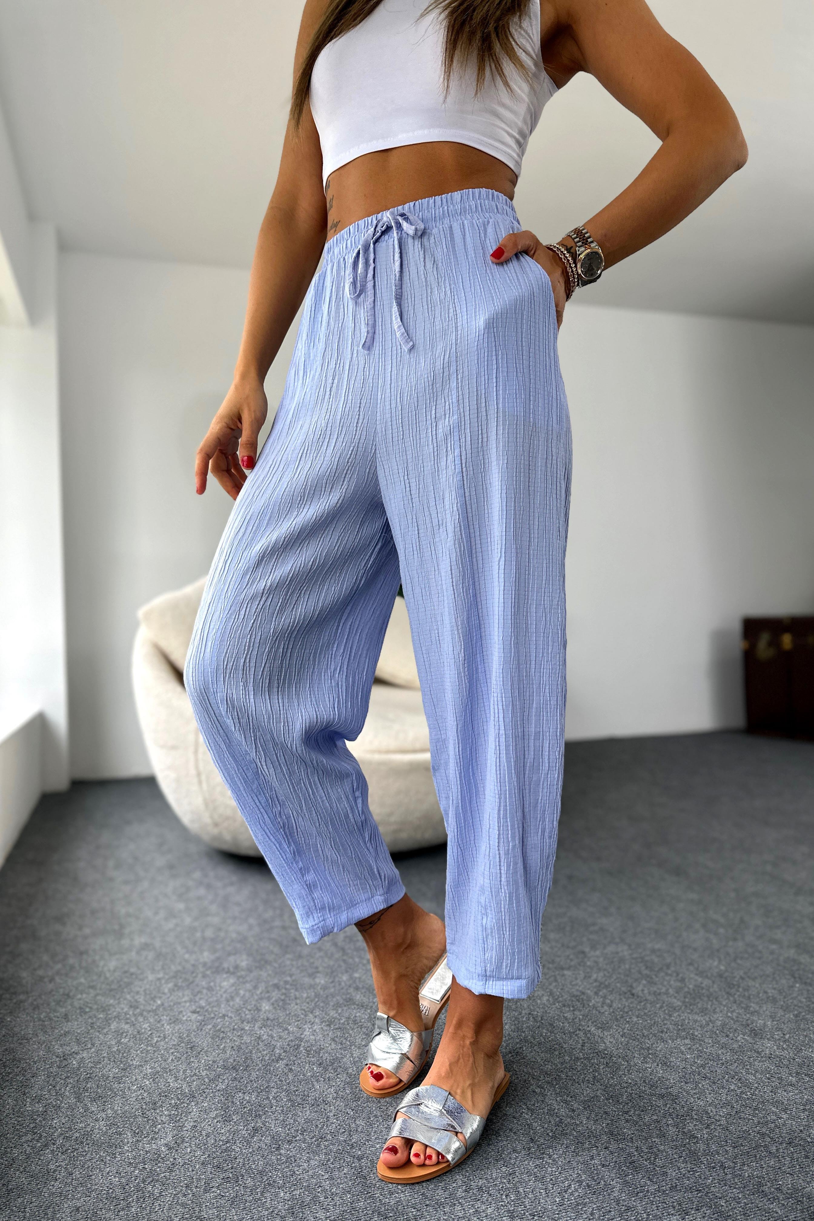 Premium Seri Gofre Kumaş Cepli Şalvar Pantolon Bebe Mavisi