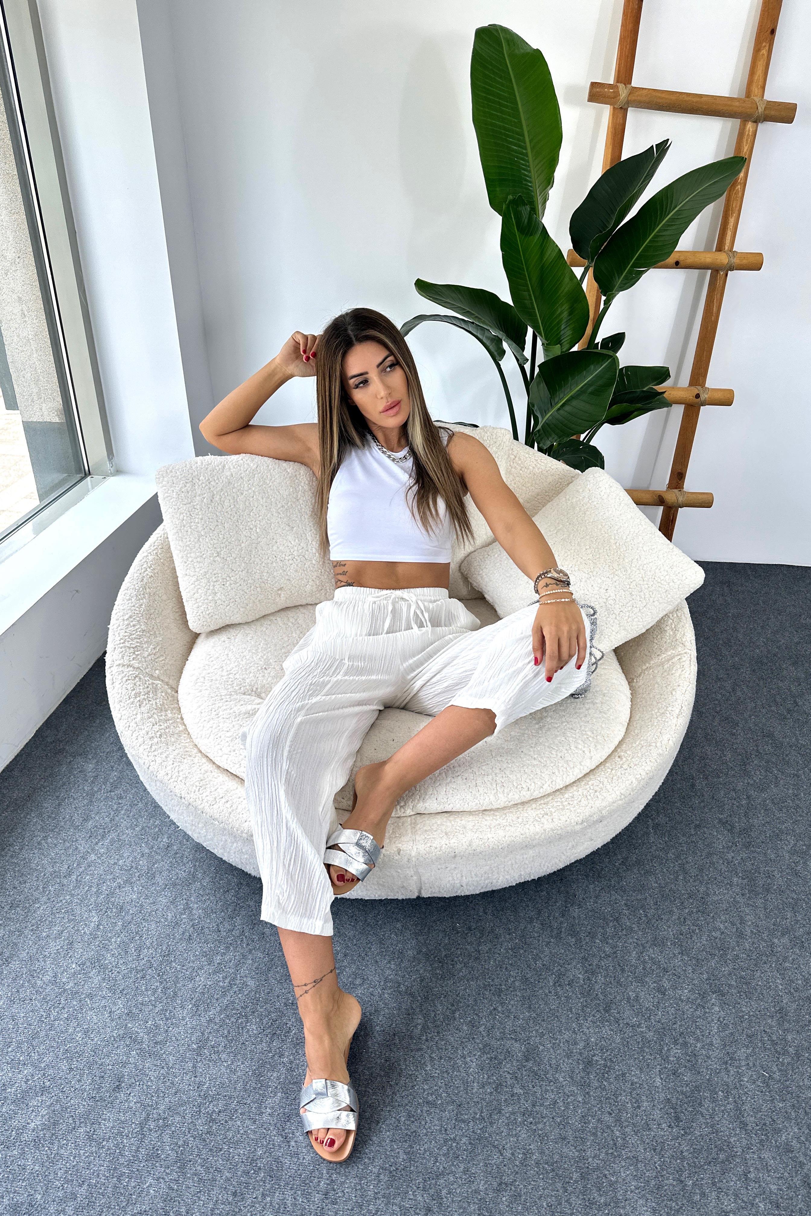 Premium Seri Gofre Kumaş Cepli Şalvar Pantolon Beyaz