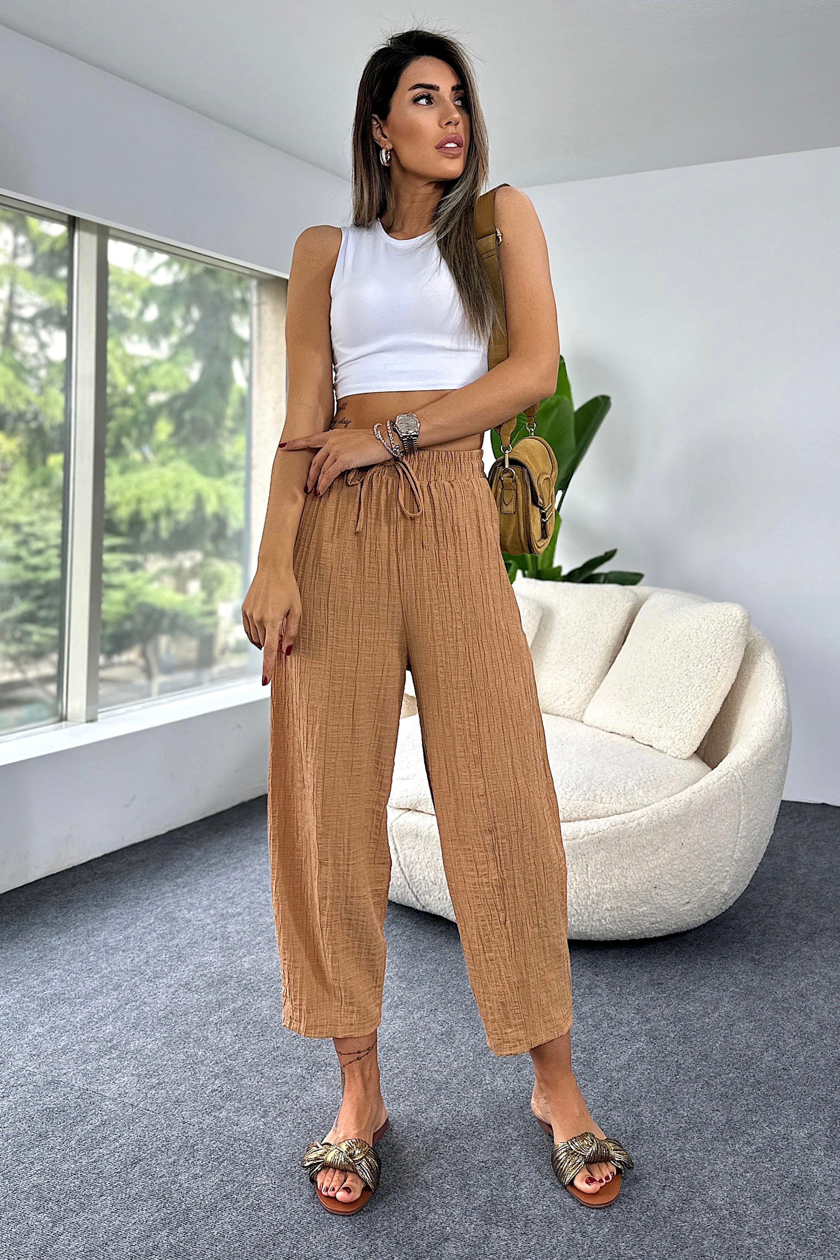 Premium Seri Gofre Kumaş Cepli Şalvar Pantolon Camel