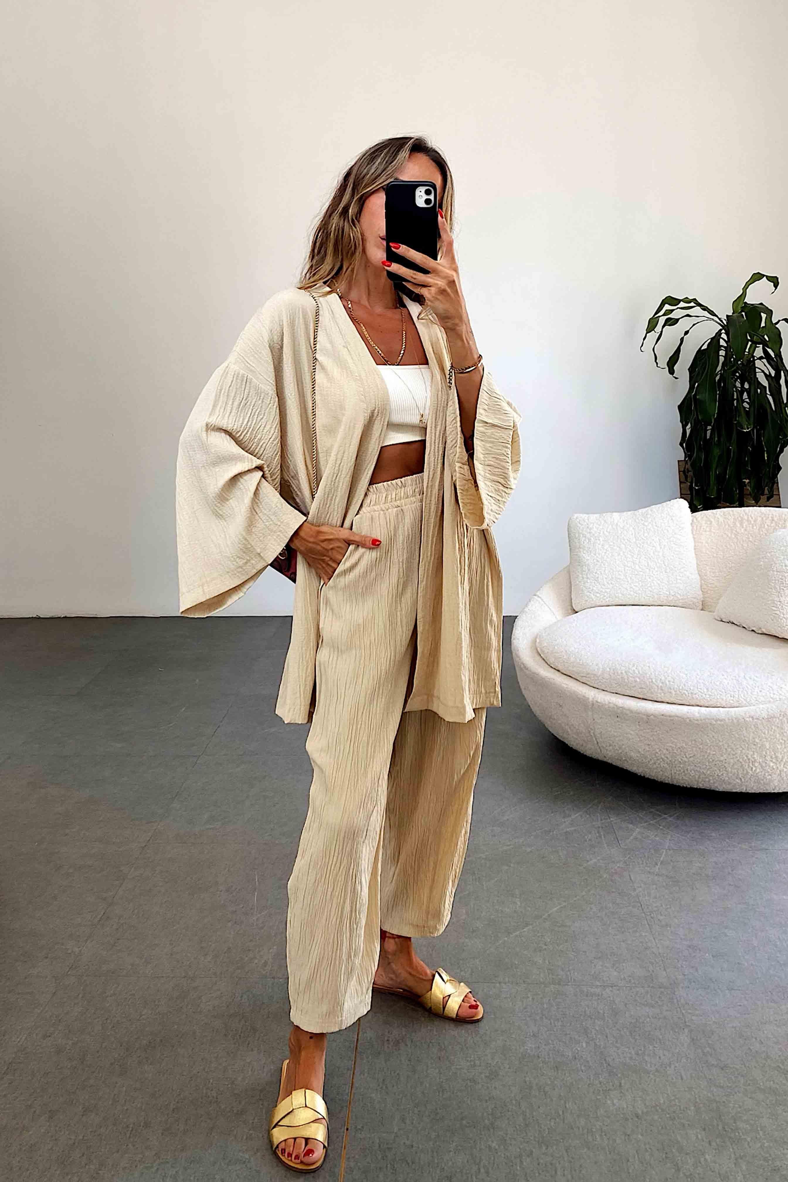 Premium Seri Gofre Kumaş Kimono Takım Taş