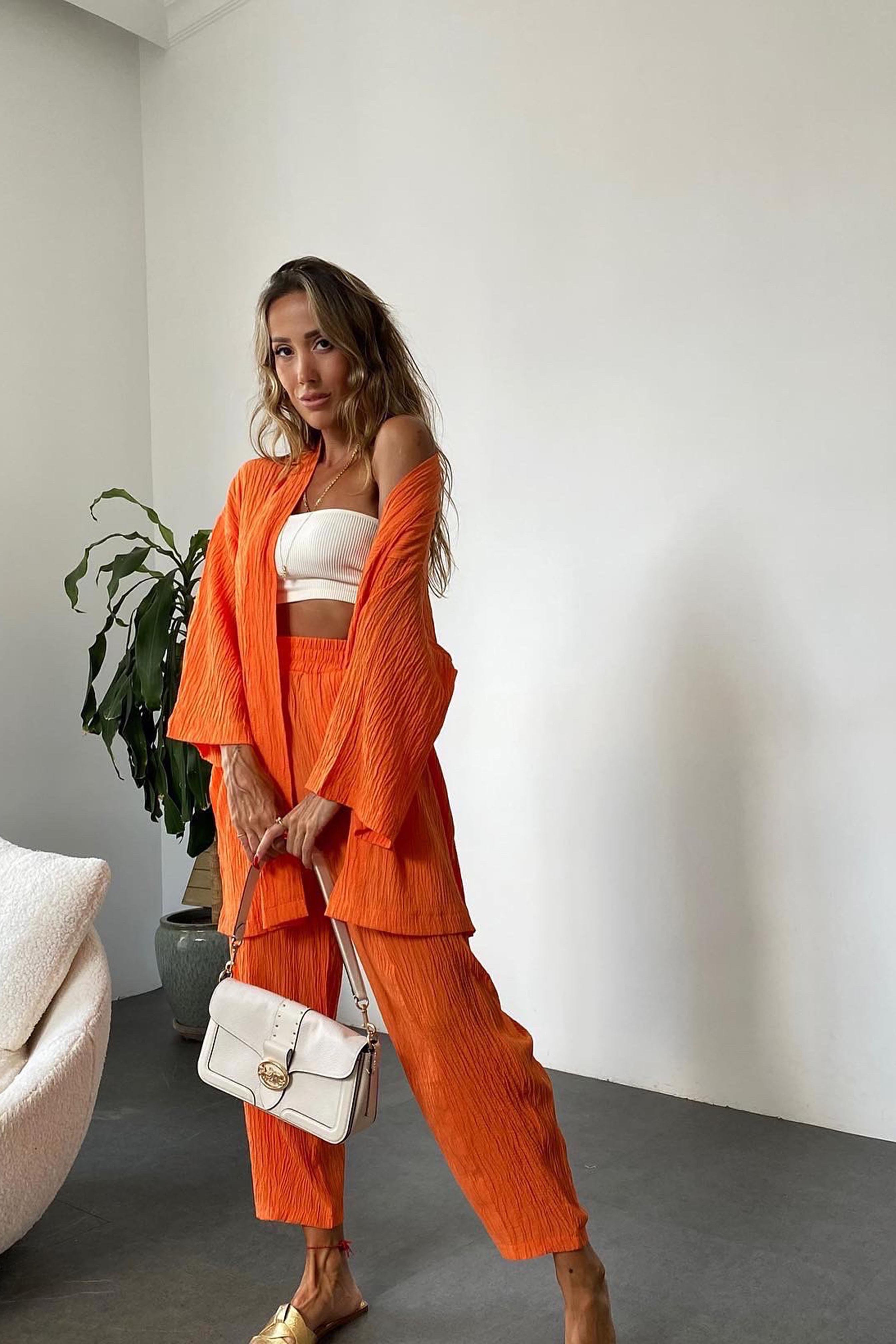 Premium Seri Gofre Kumaş Kimono Takım Turuncu