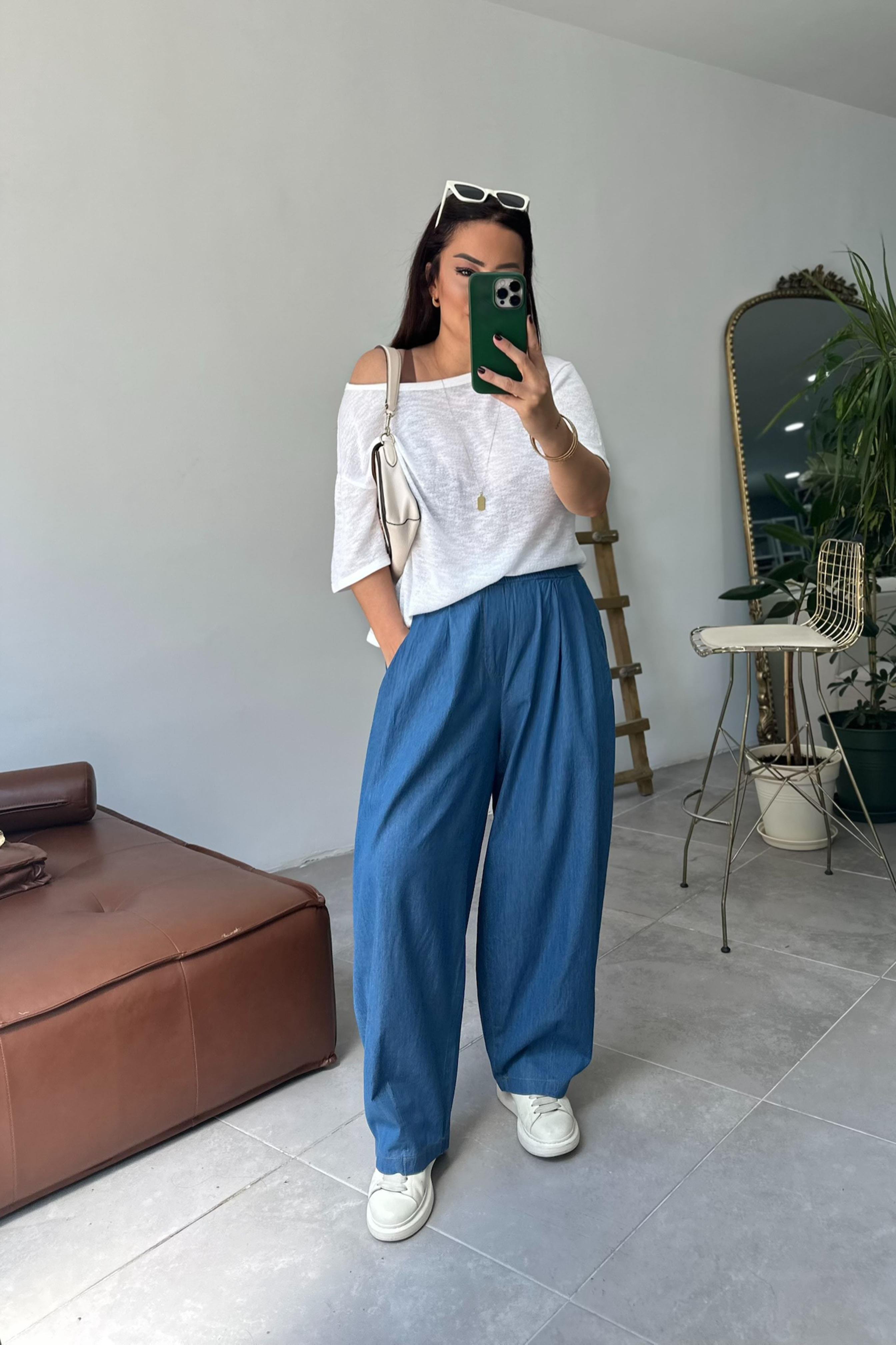 Premium Seri İnce Tensel Denim Şalvar Pantolon Mavi