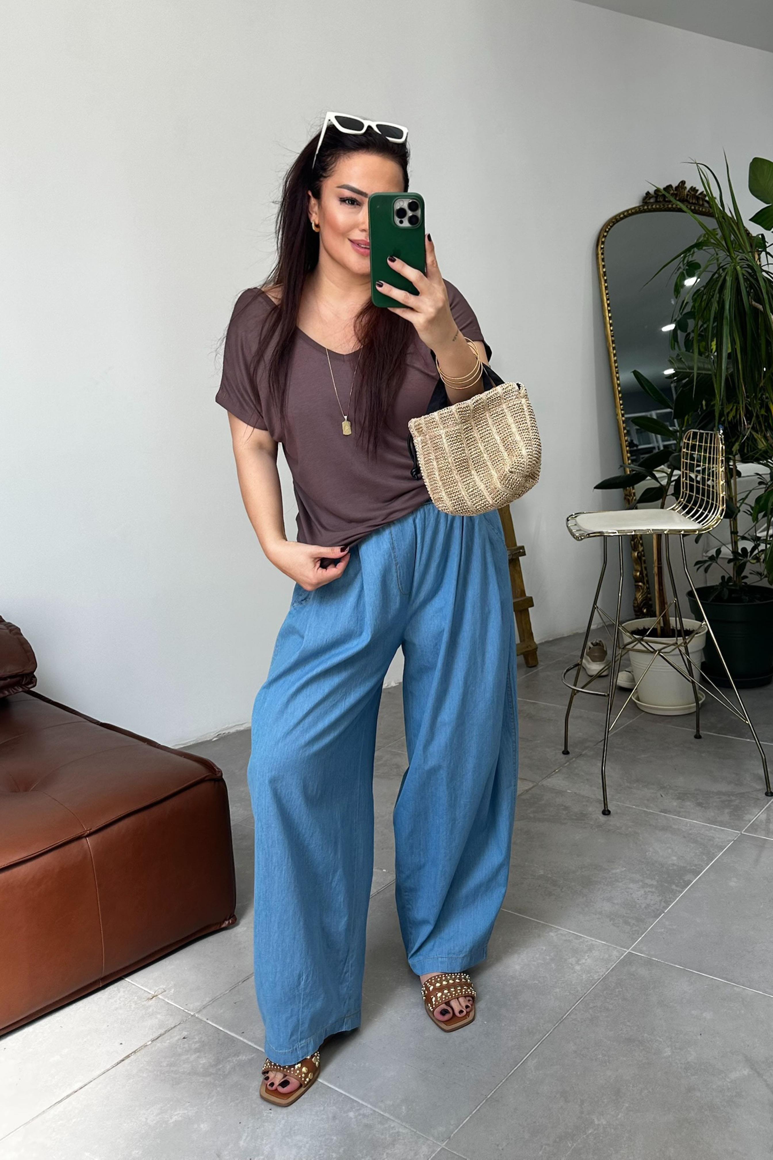 Premium Seri İnce Tensel Denim Şalvar Pantolon Buz Mavisi