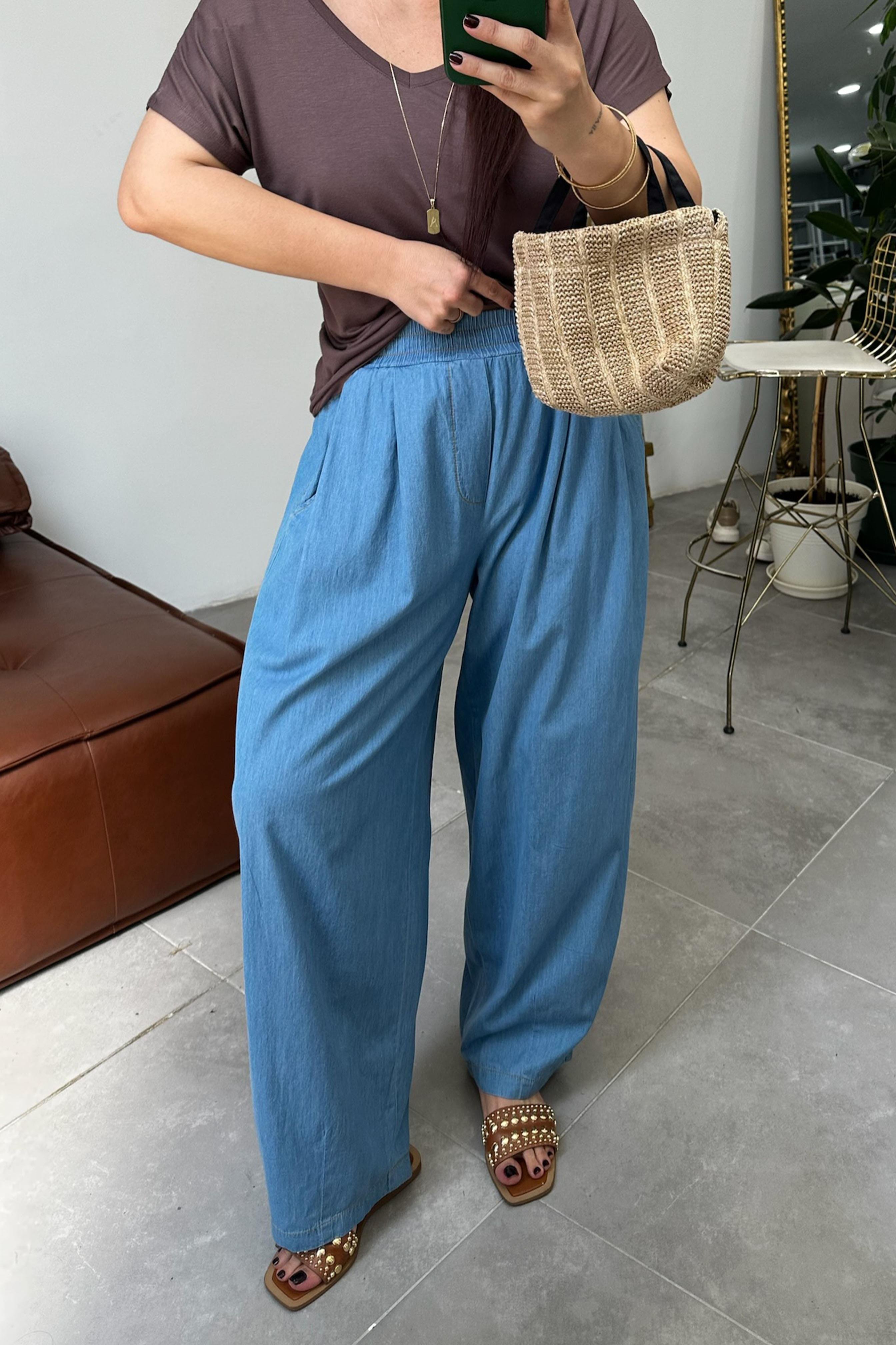 Premium Seri İnce Tensel Denim Şalvar Pantolon Buz Mavisi