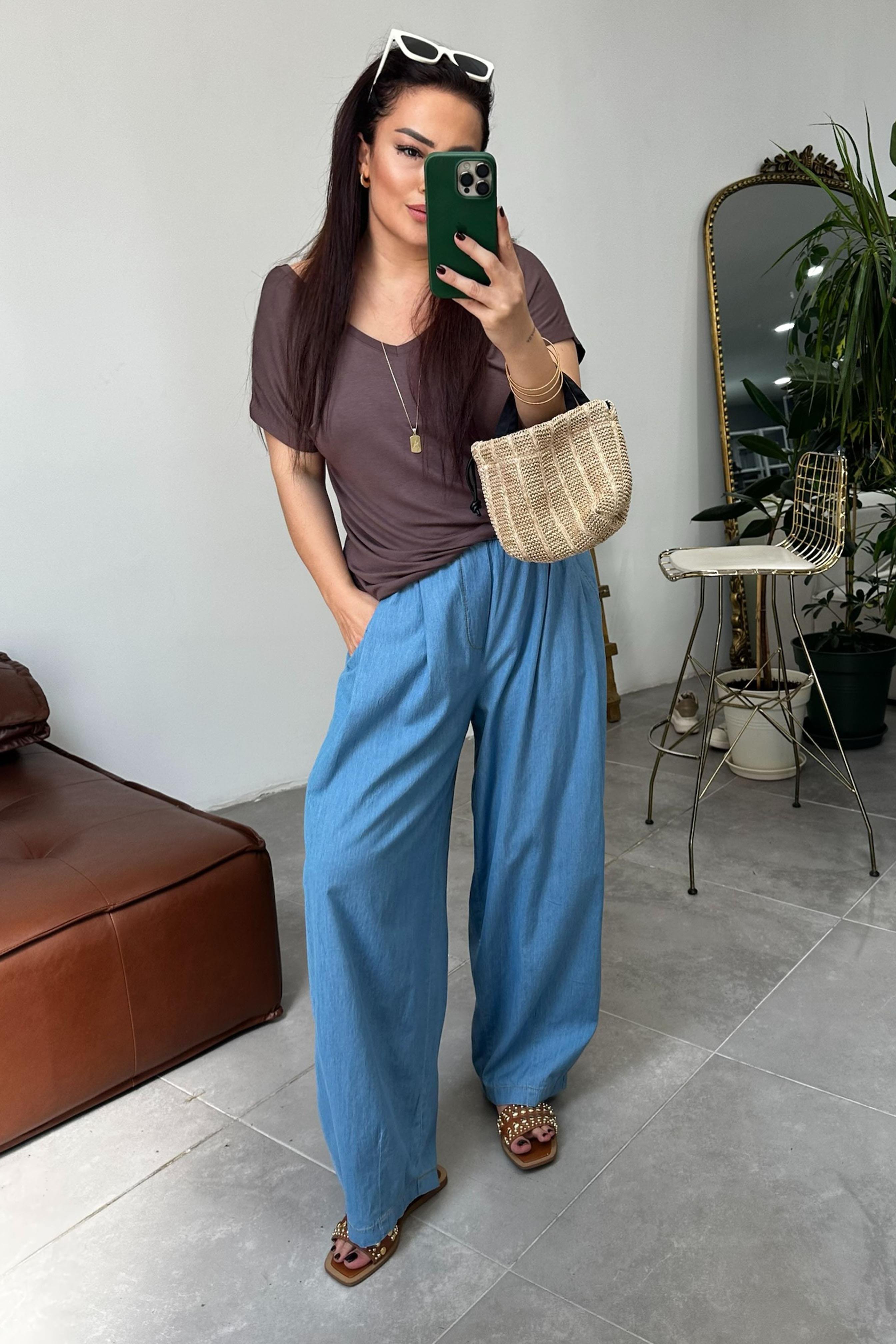 Premium Seri İnce Tensel Denim Şalvar Pantolon Buz Mavisi