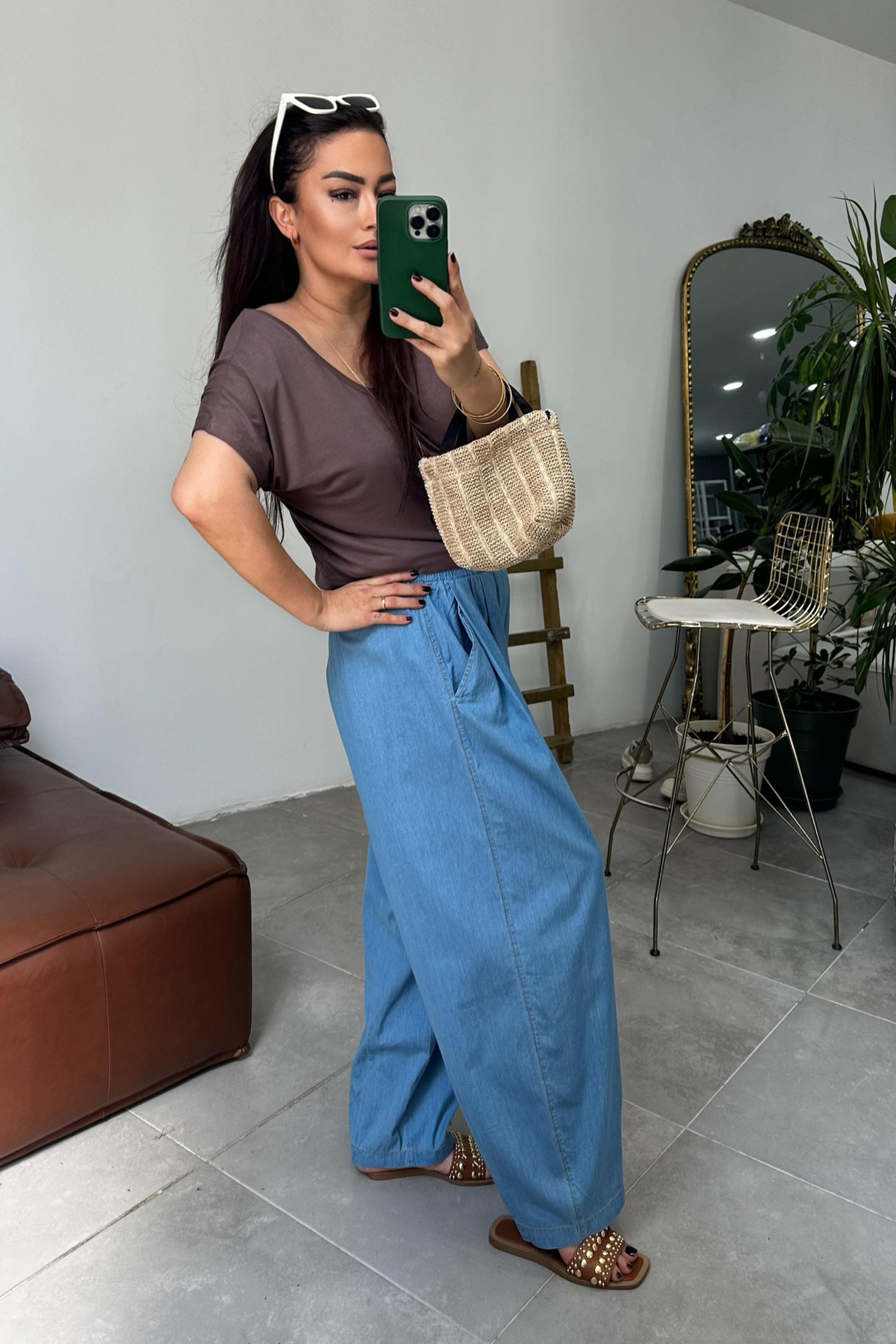 Premium Seri İnce Tensel Denim Şalvar Pantolon Buz Mavisi