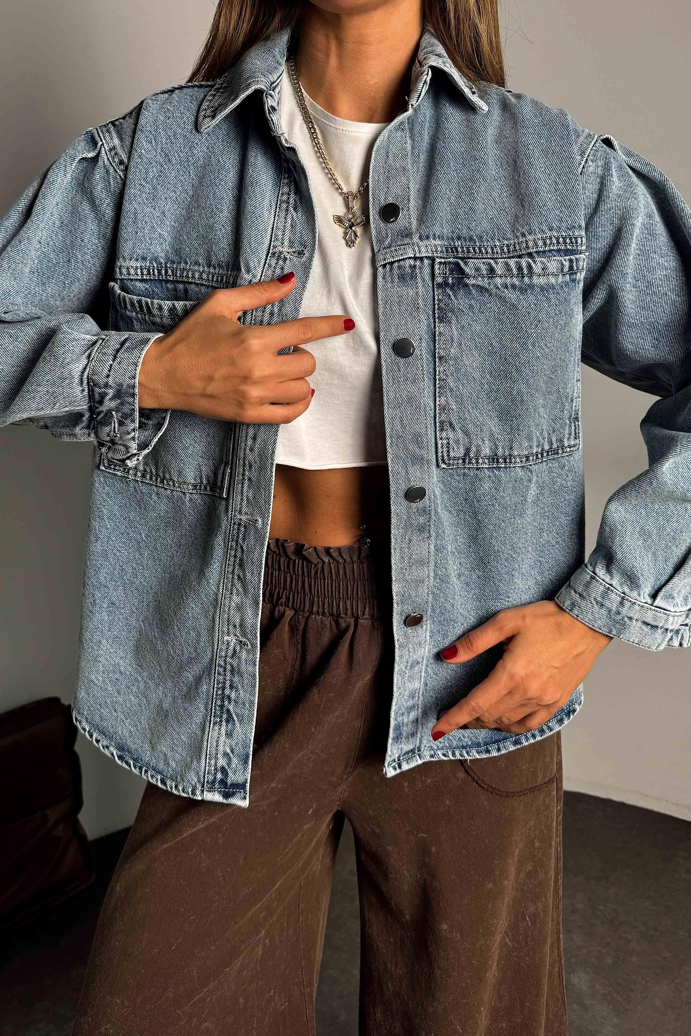 Premium Seri Kadın Denim Ceket Mavi
