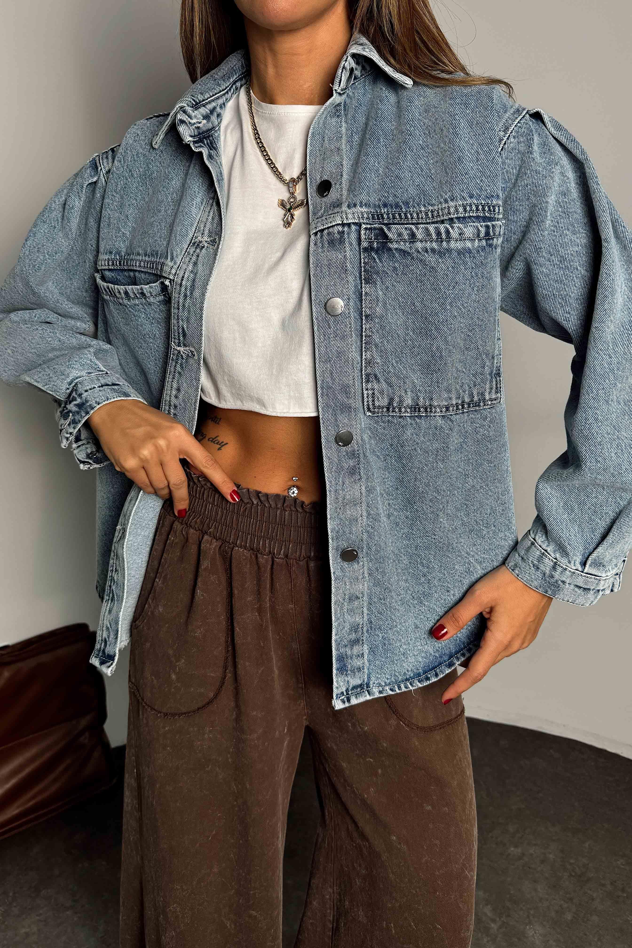 Premium Seri Kadın Denim Ceket Mavi
