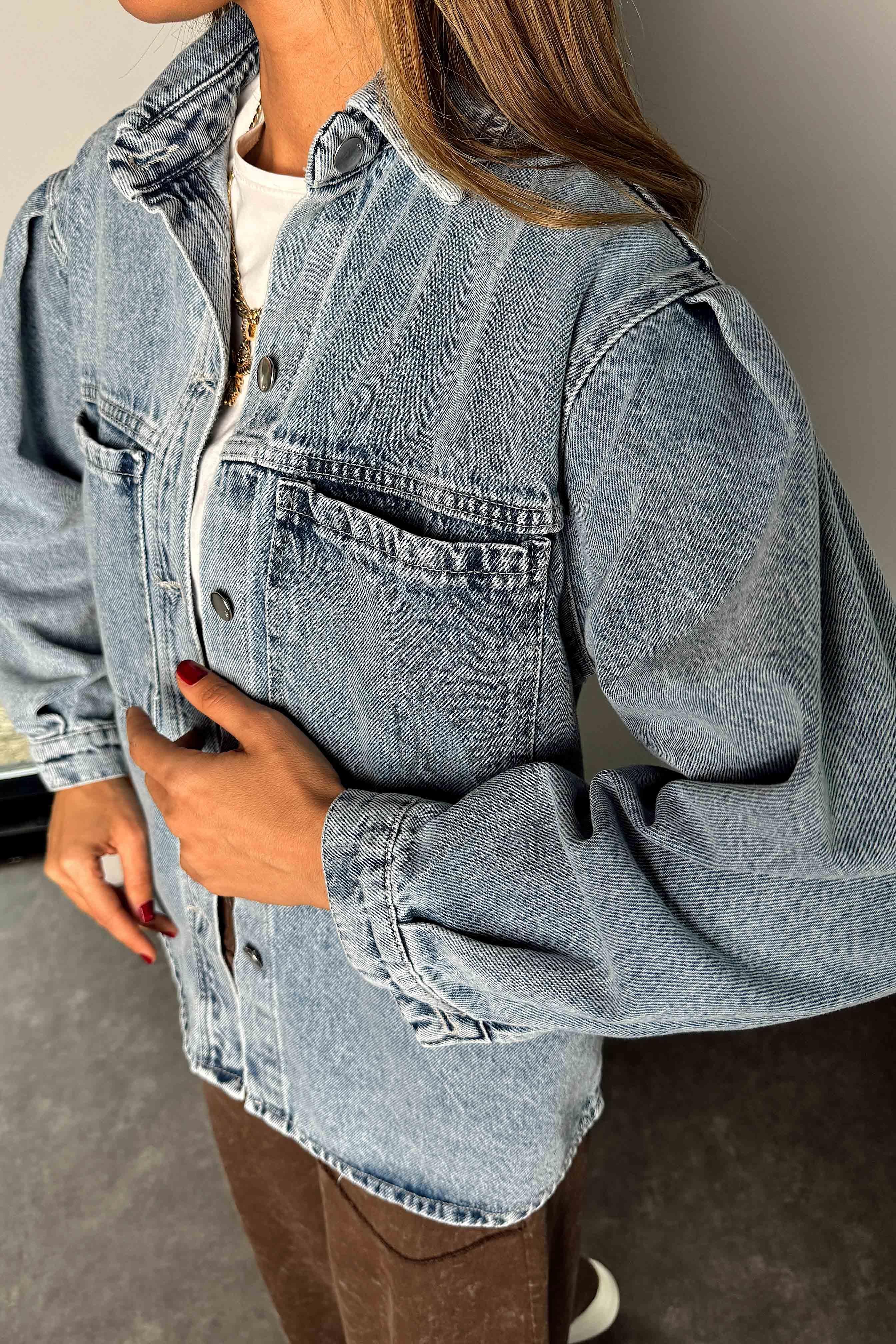 Premium Seri Kadın Denim Ceket Mavi