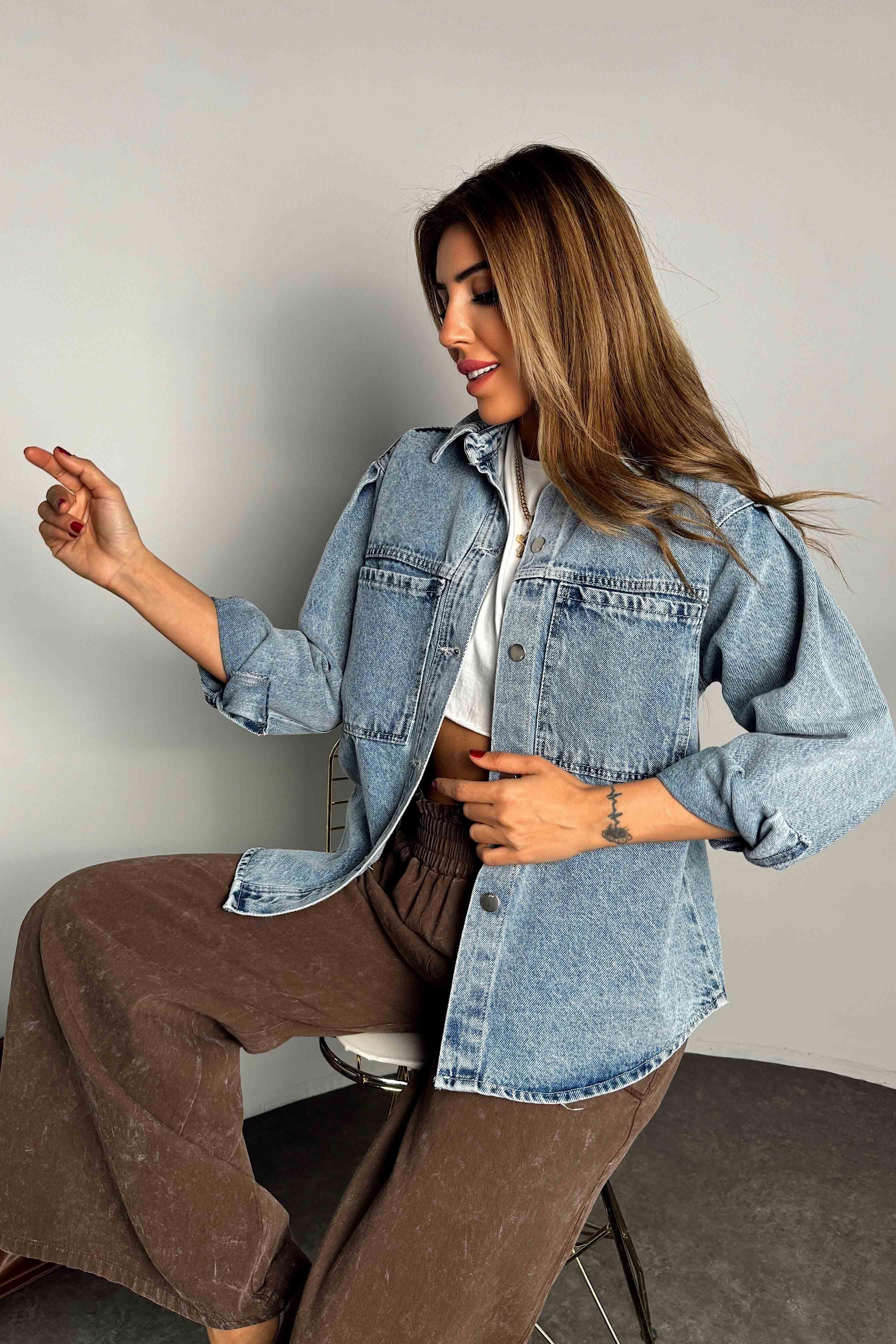 Premium Seri Kadın Denim Ceket Mavi