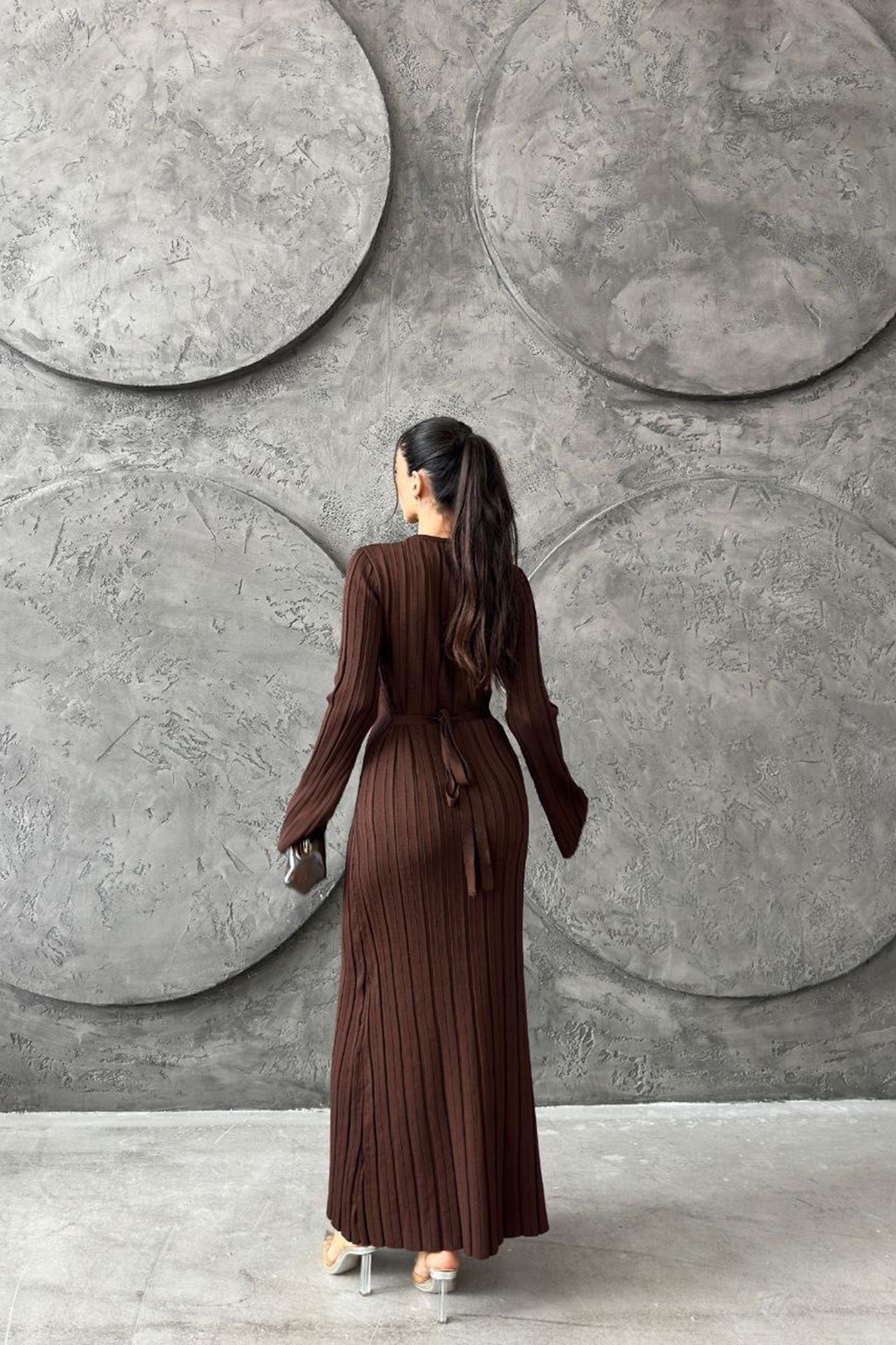 Premium Seri Kalın Fitilli Maxi Triko Ebise Acı Kahve