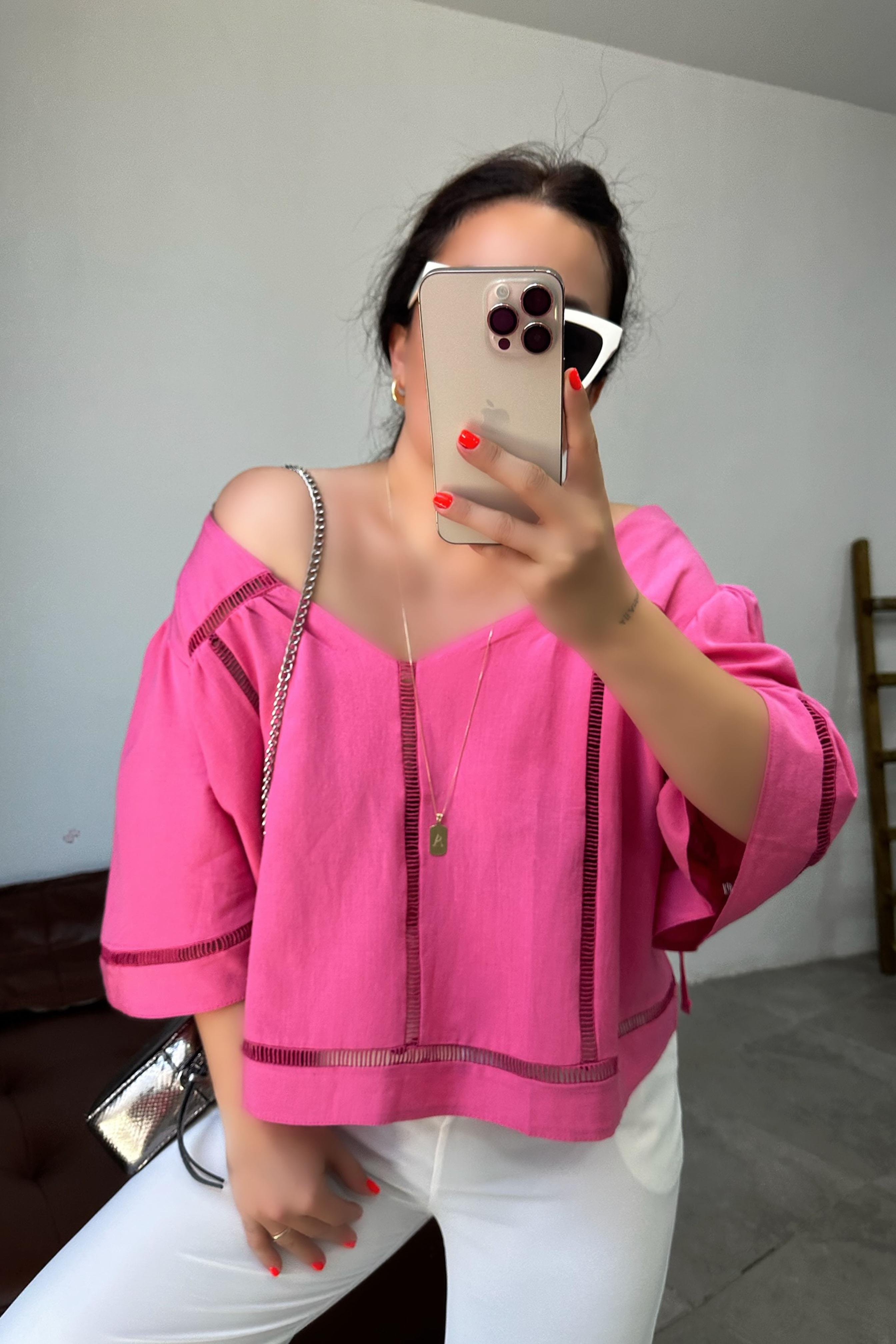 Premium Seri Keten Dokulu Bağlama Detay Bluz Pembe