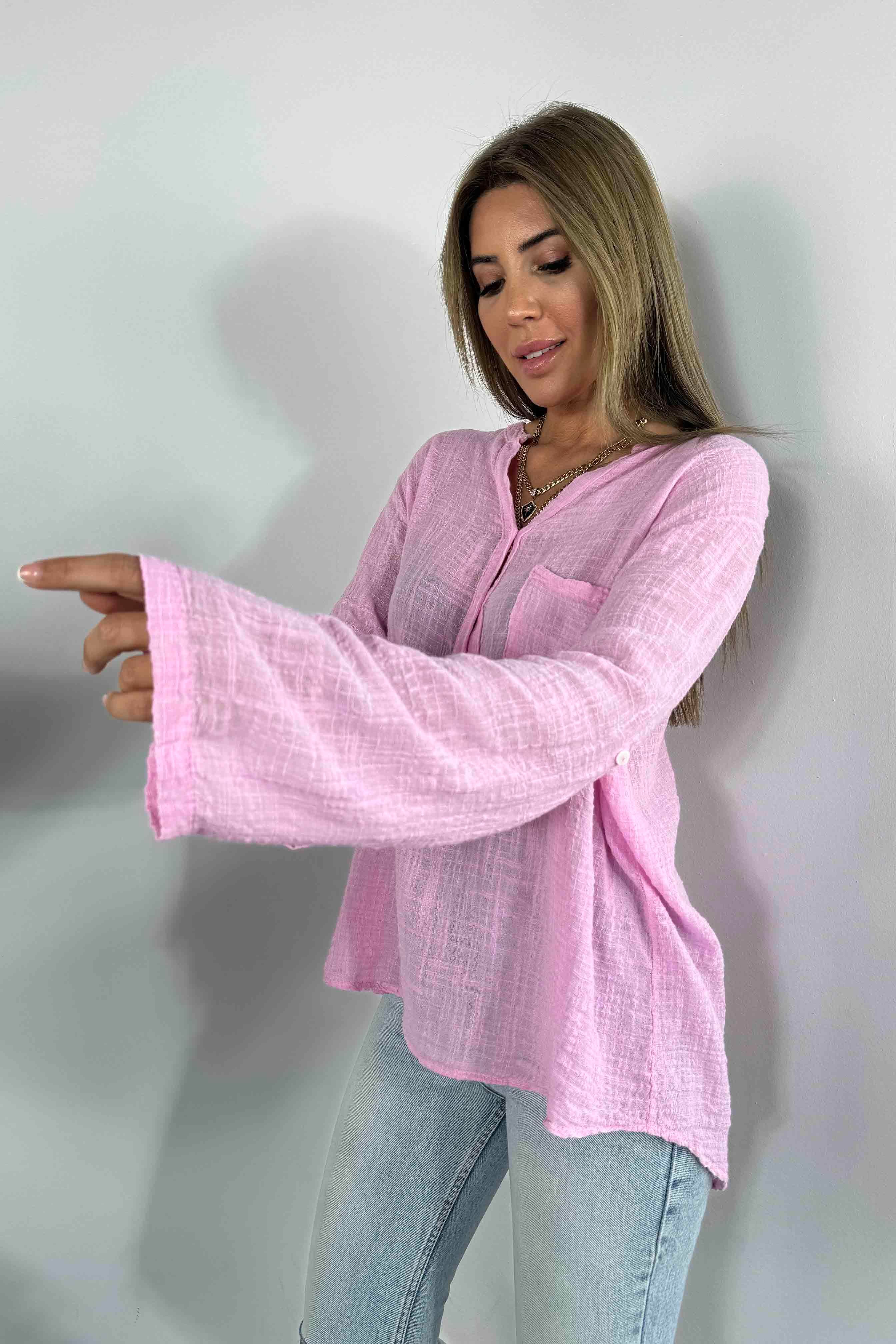 Premium Seri Keten Dokulu Cepli Gömlek Pembe
