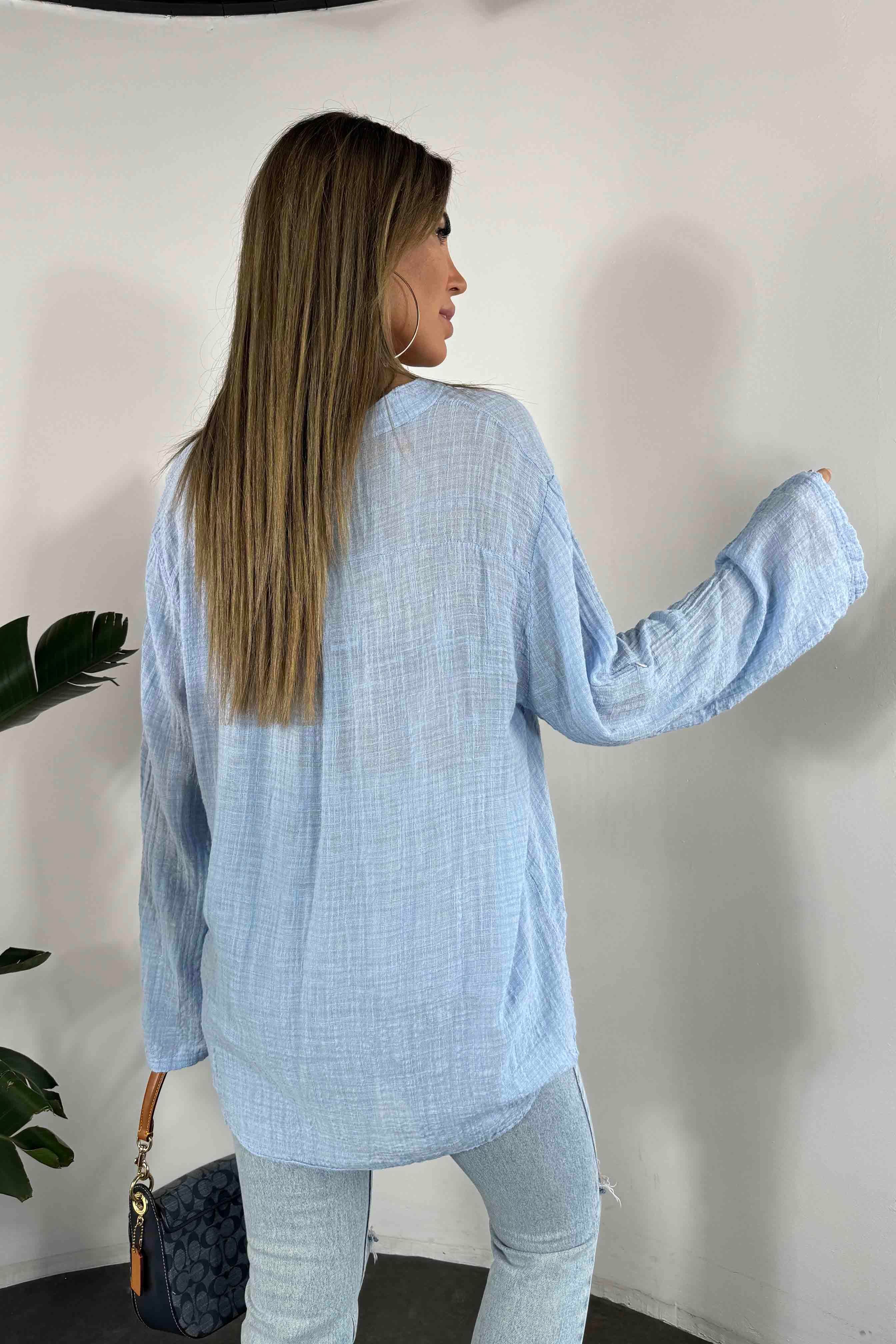 Premium Seri Keten Dokulu Cepli Gömlek Bebe Mavisi