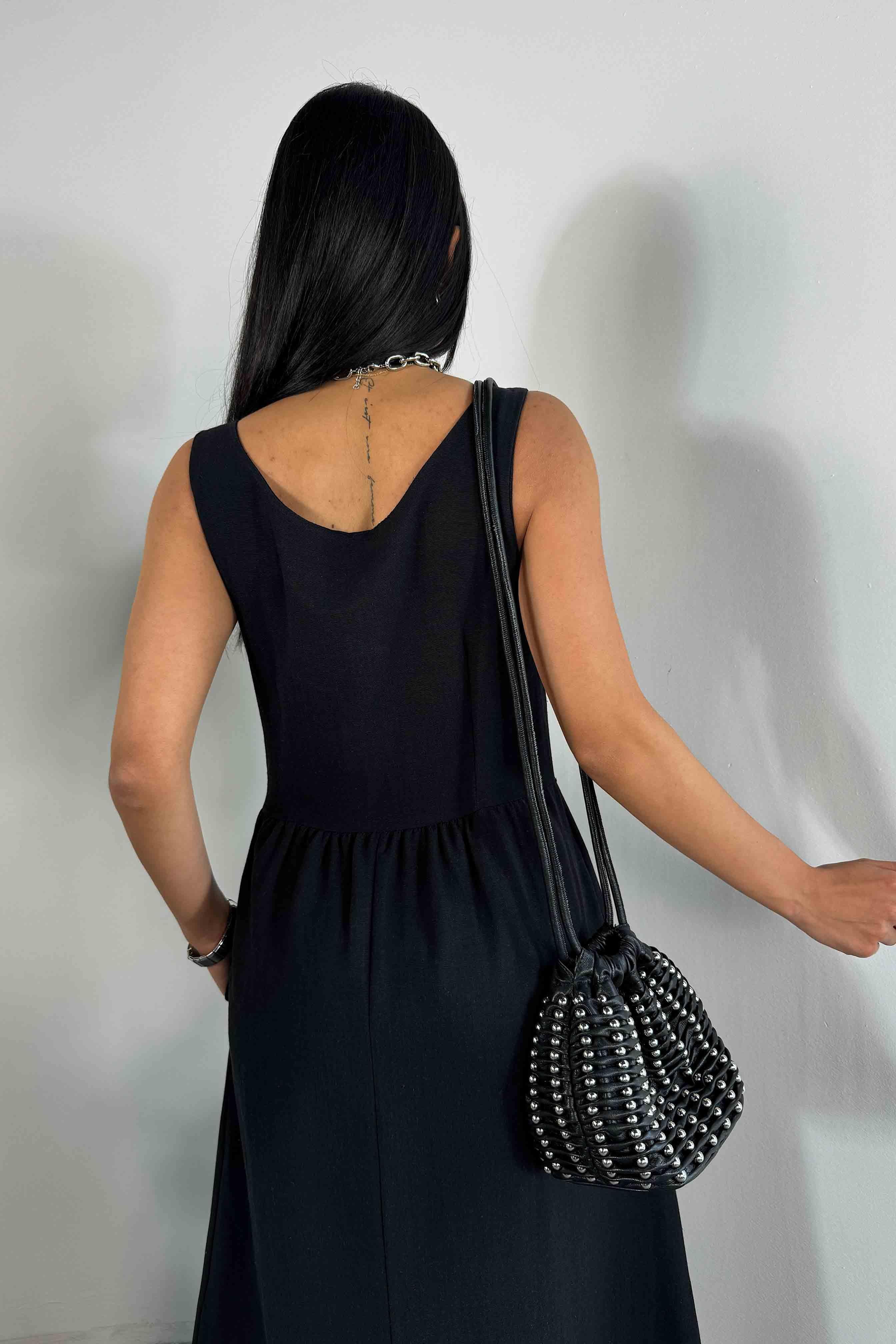 Premium Seri Keten Dokulu Midi Elbise Siyah