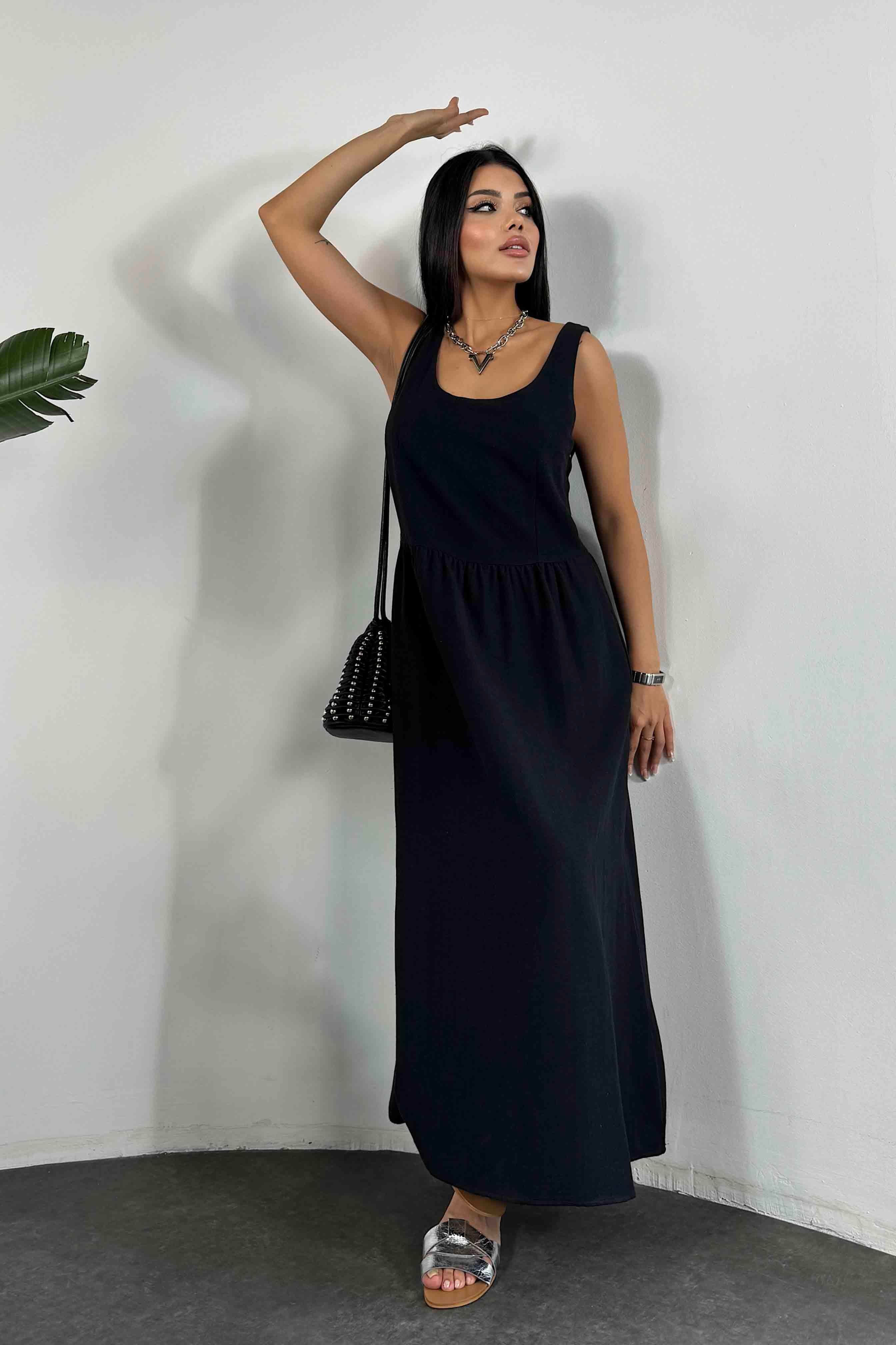 Premium Seri Keten Dokulu Midi Elbise Siyah