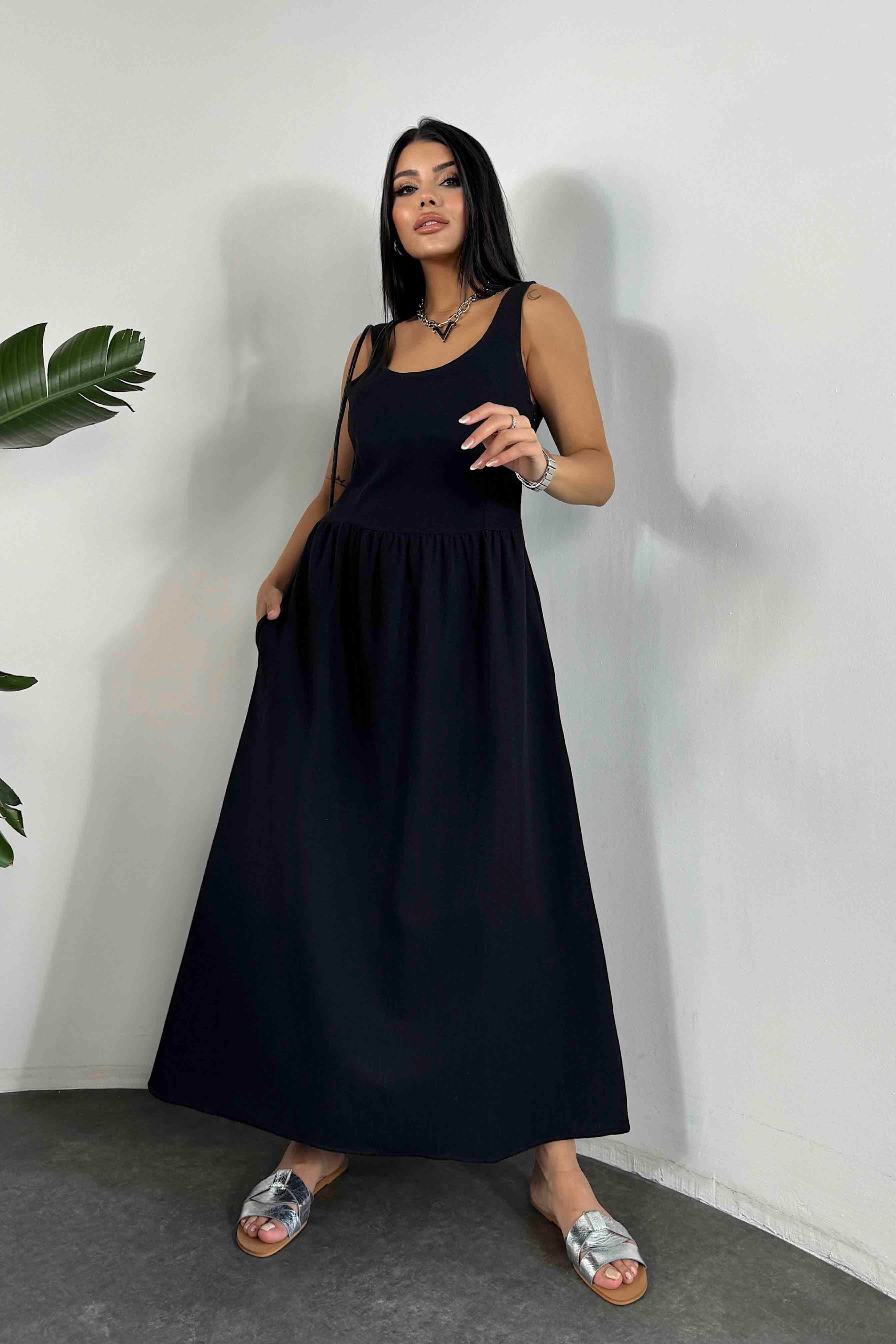 Premium Seri Keten Dokulu Midi Elbise Siyah