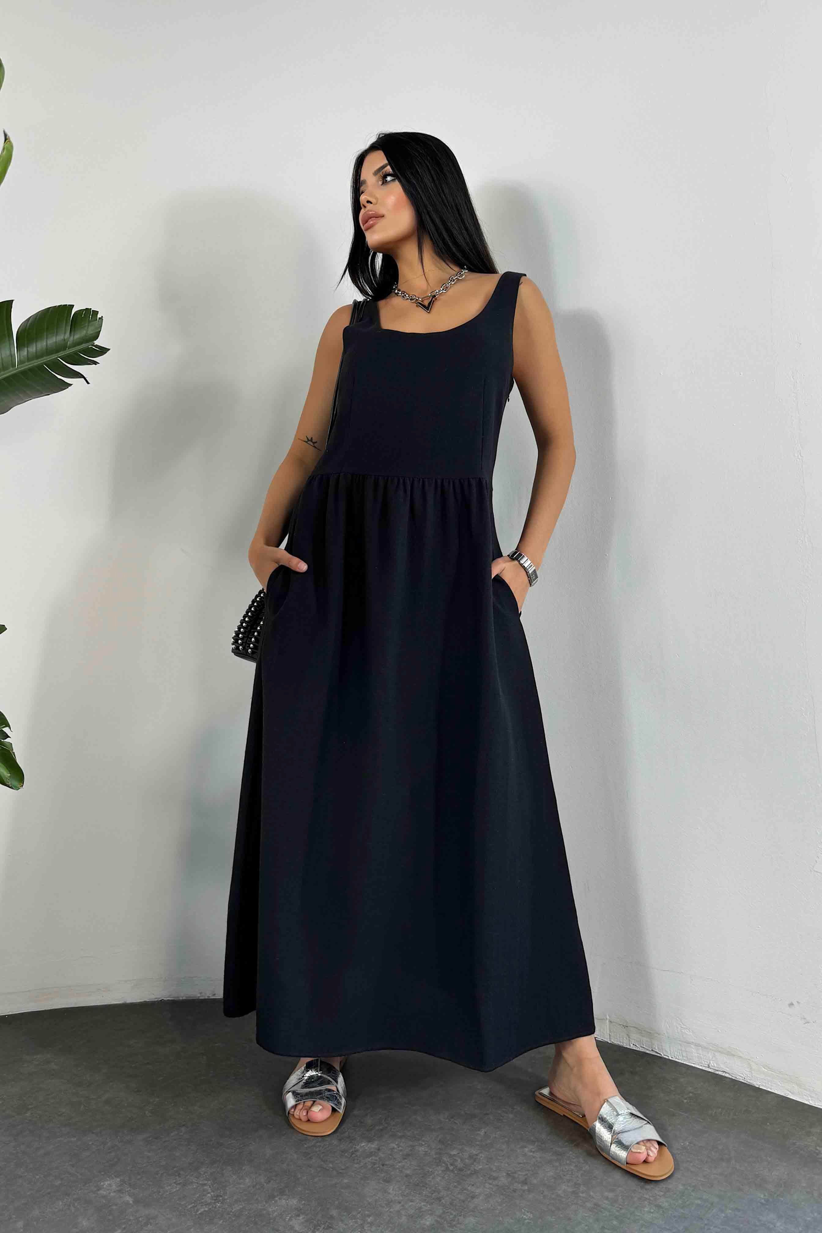 Premium Seri Keten Dokulu Midi Elbise Siyah