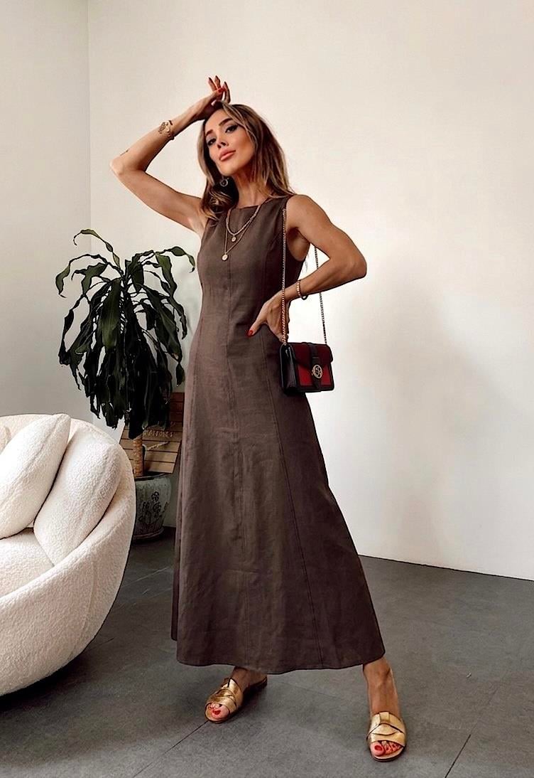 Premium Seri Maxi Keten Elbise Kahverengi