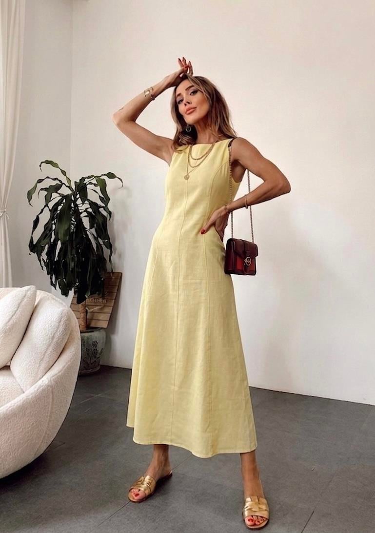 Premium Seri Maxi Keten Elbise Sarı