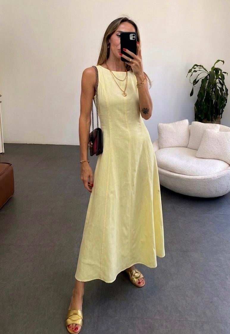 Premium Seri Maxi Keten Elbise Sarı