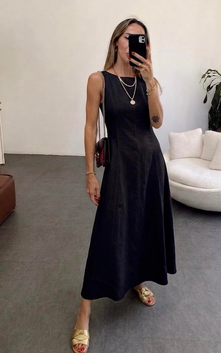 Premium Seri Maxi Keten Elbise Siyah