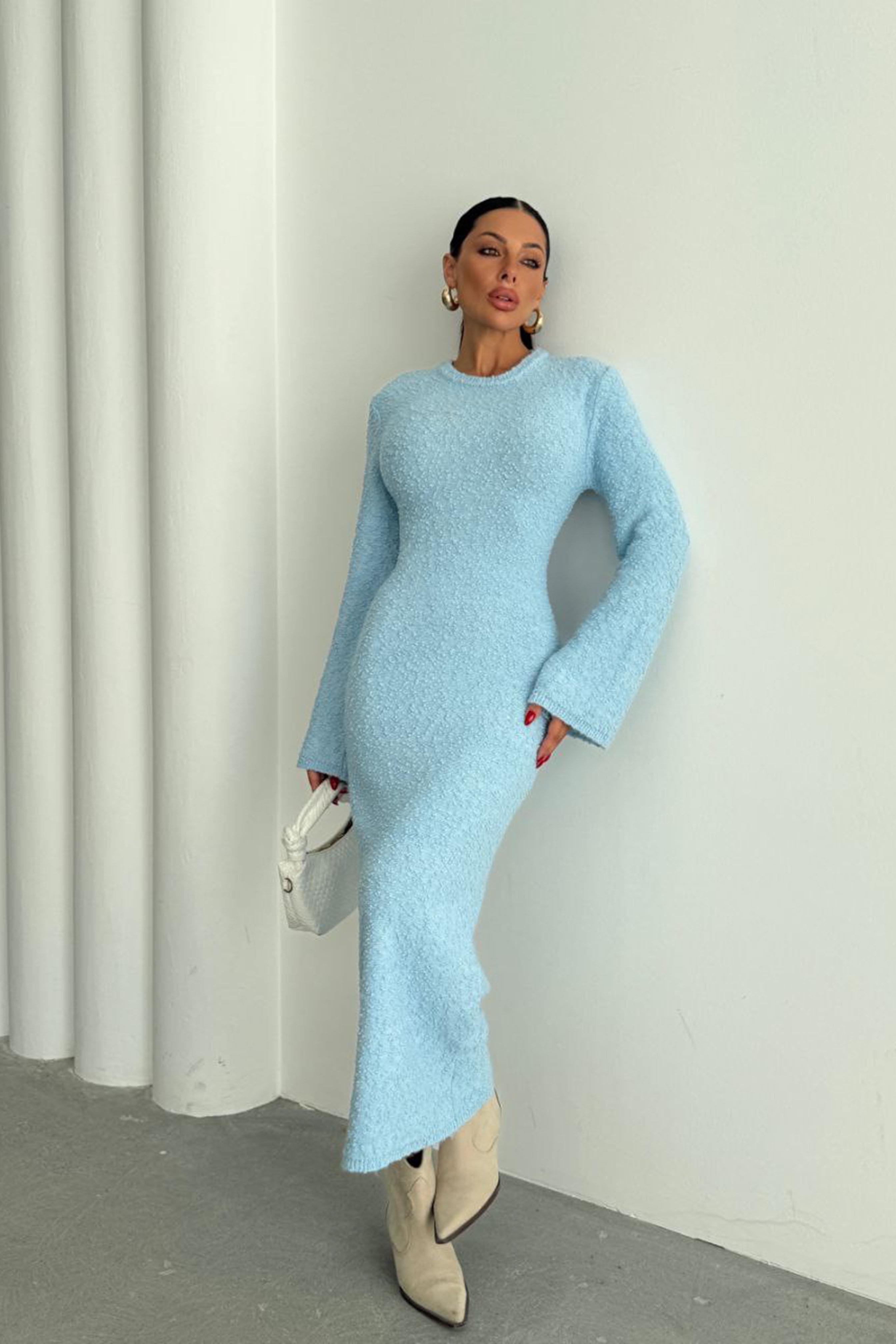 Premium Seri Özel Dokulu Maxi Elbise Bebe Mavisi