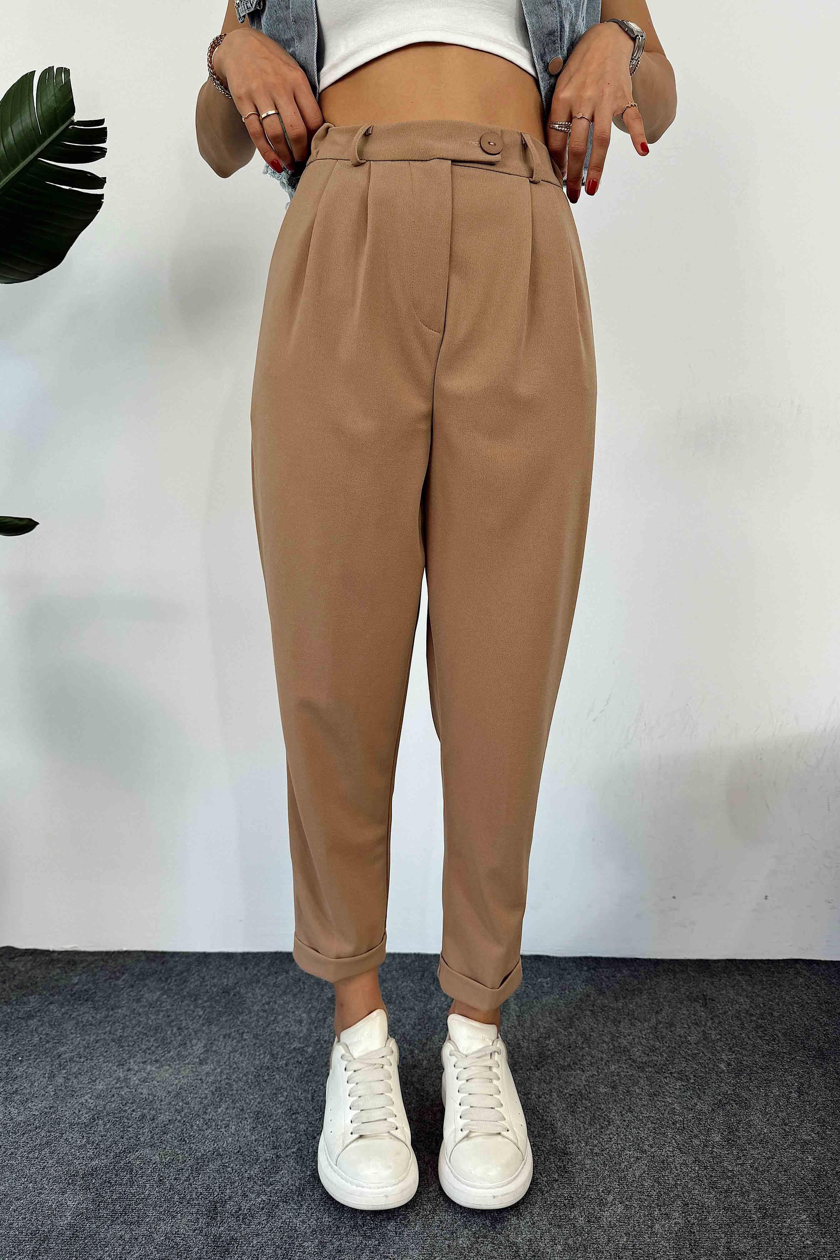 Premium Seri Paçası Katlamalı Kadın Pantolon Camel