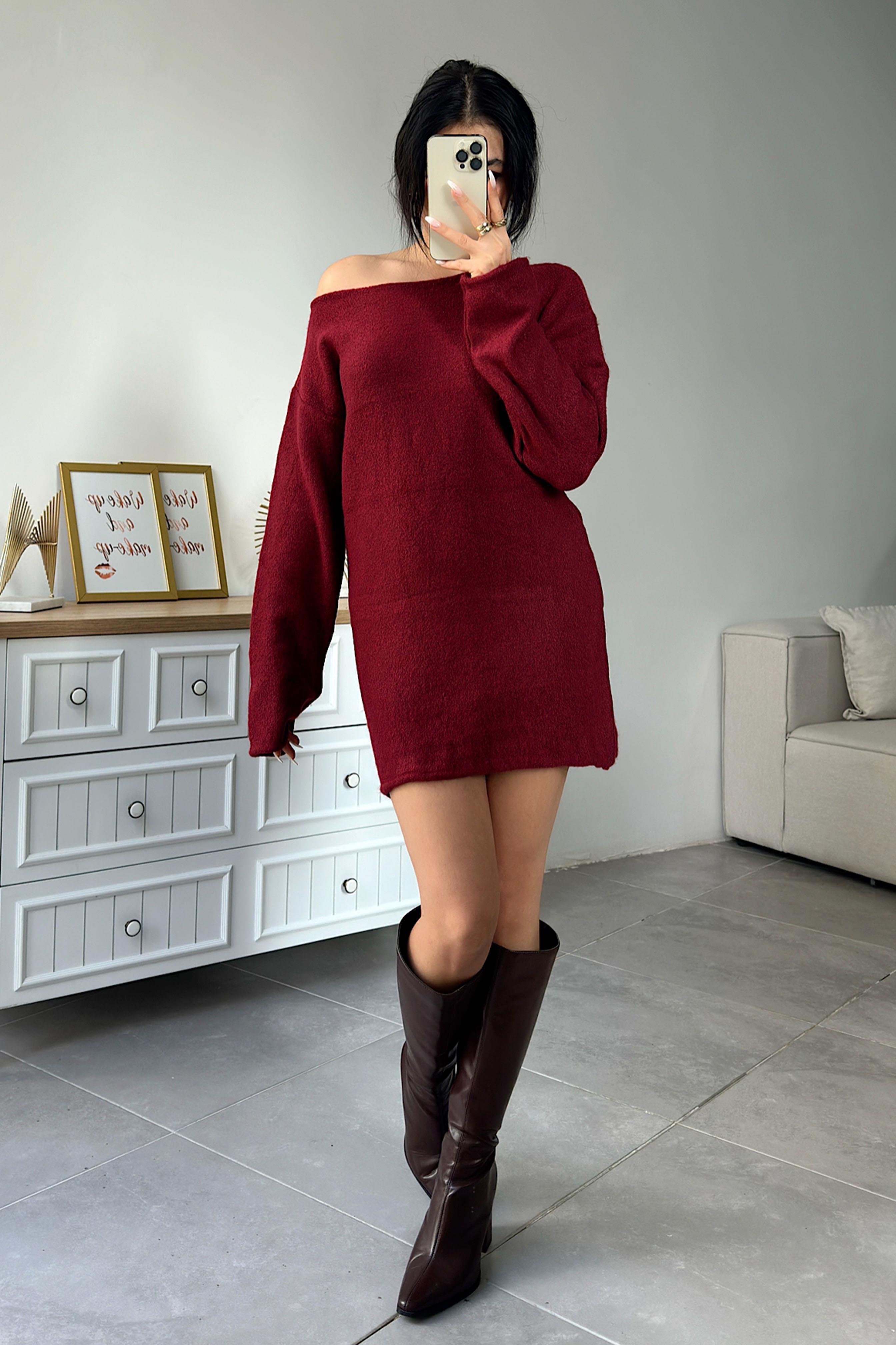 Premium Seri Tek Omuz Kuşak Detaylı Mini Triko Elbise Bordo