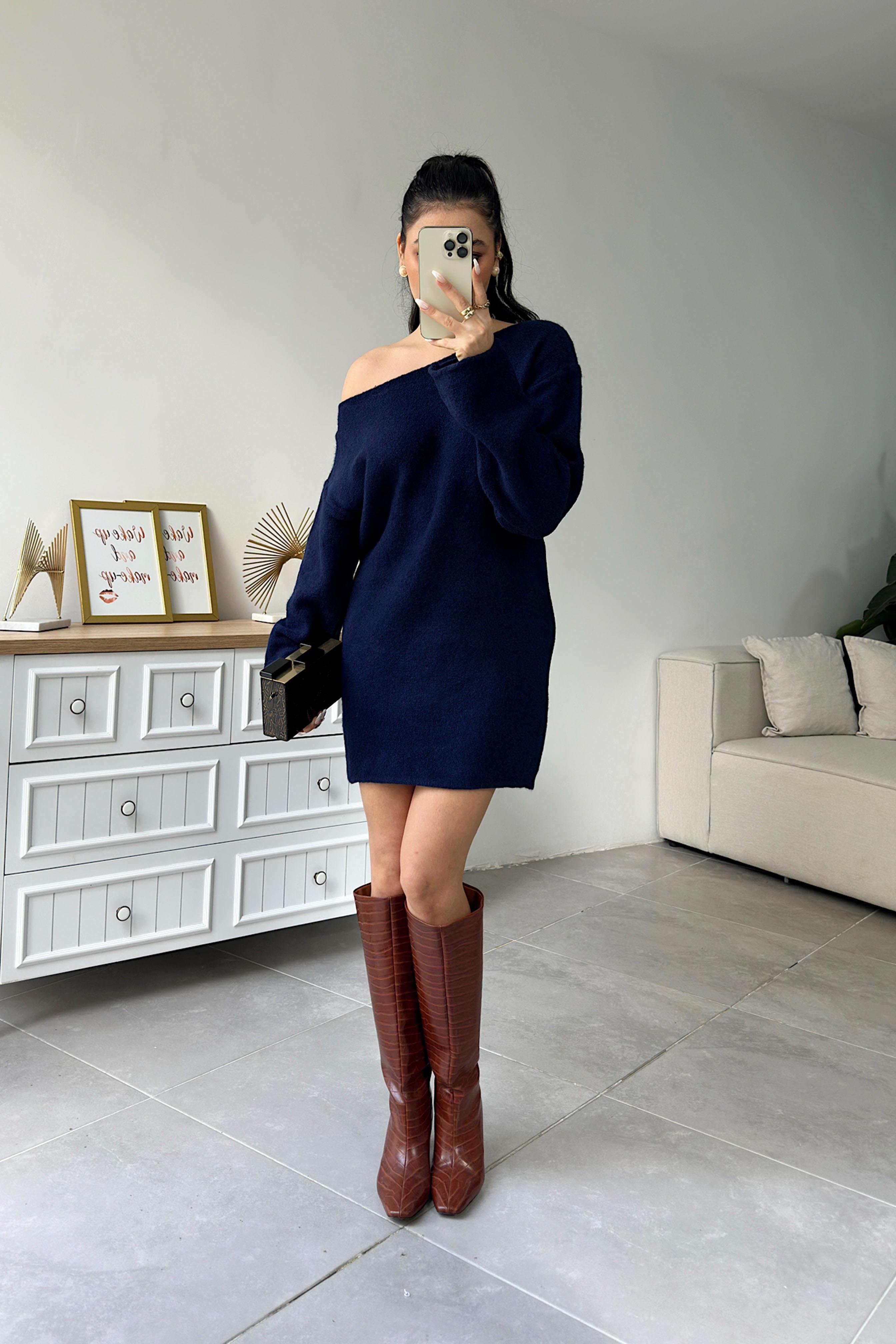 Premium Seri Tek Omuz Kuşak Detaylı Mini Triko Elbise Lacivert