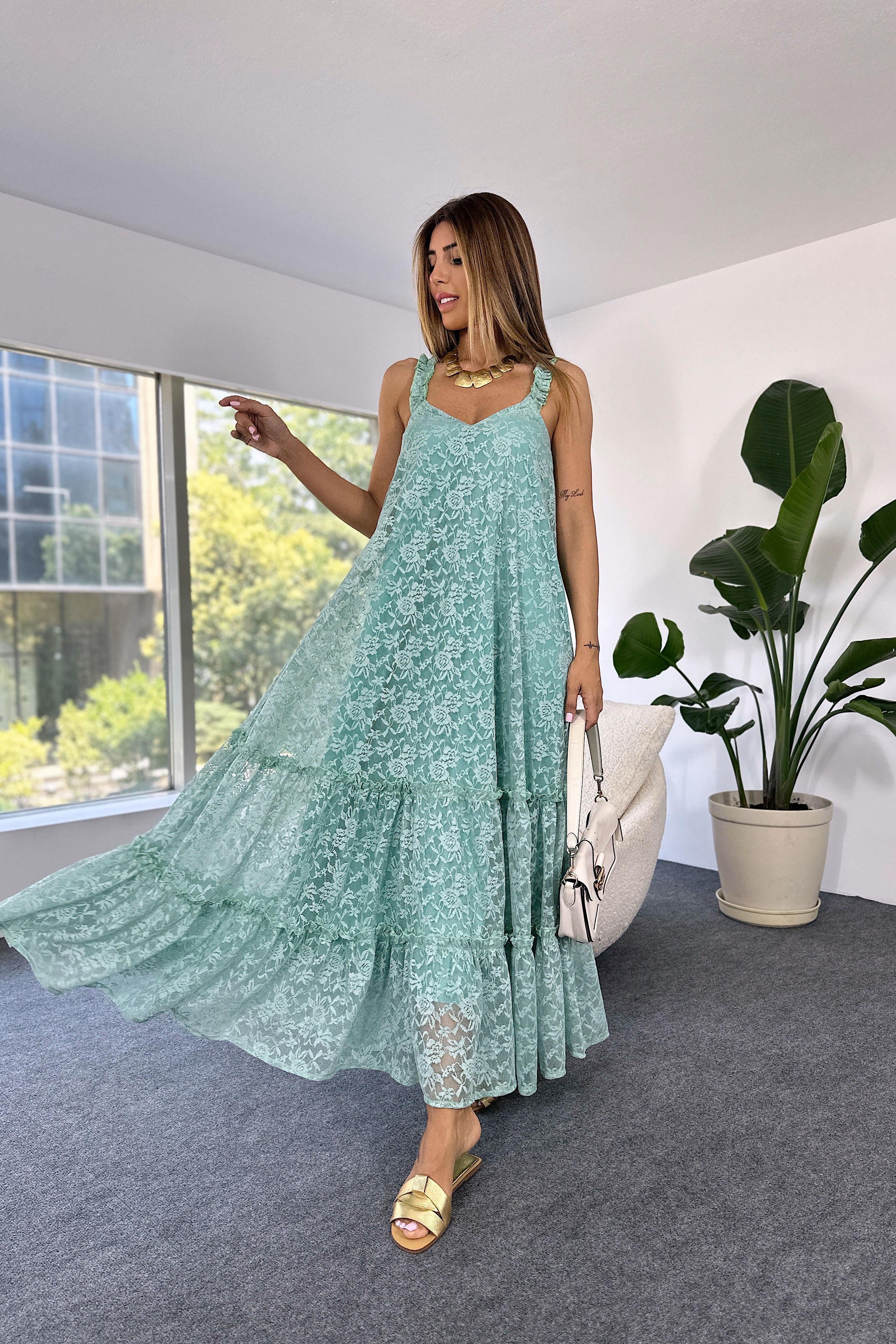 Premium Seri Tül Kumaş Askılı Maxi Elbise Mint