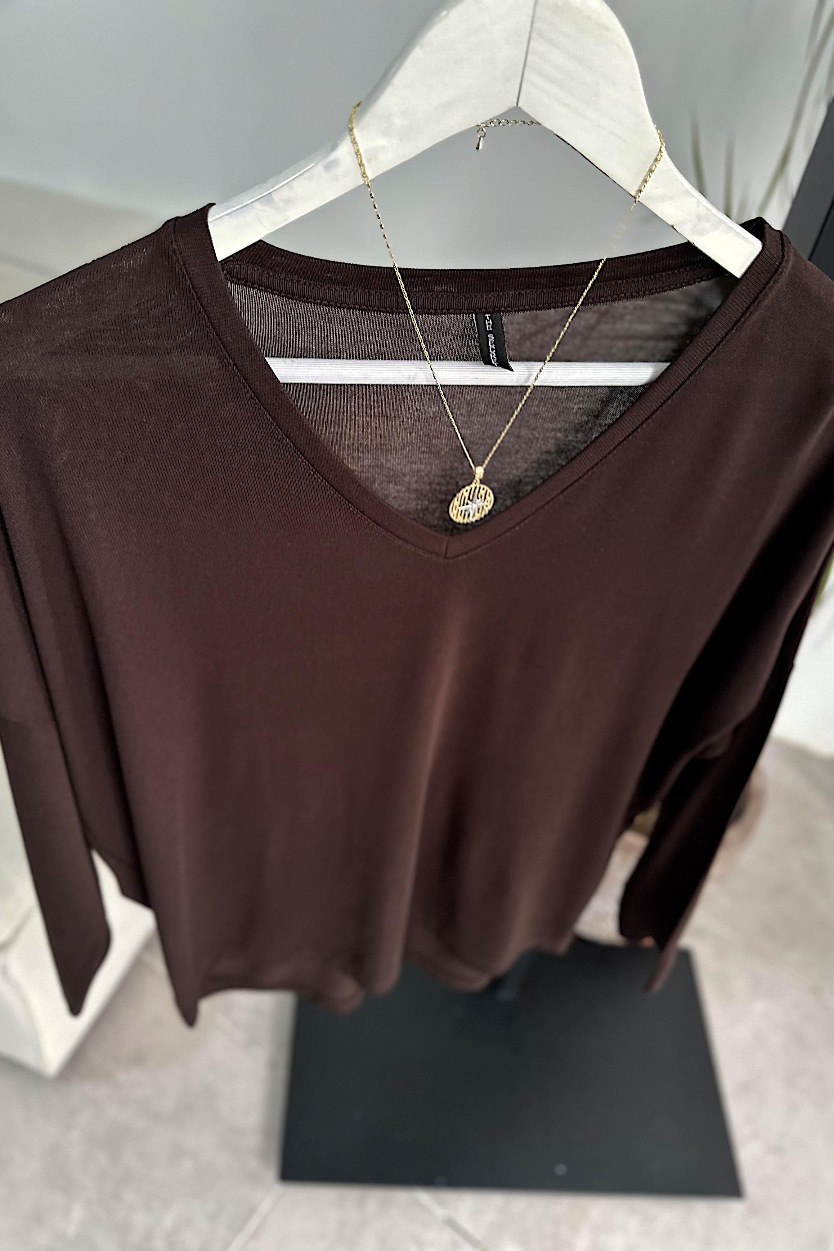 Premium Seri V Yaka Basic Bluz Acı Kahve