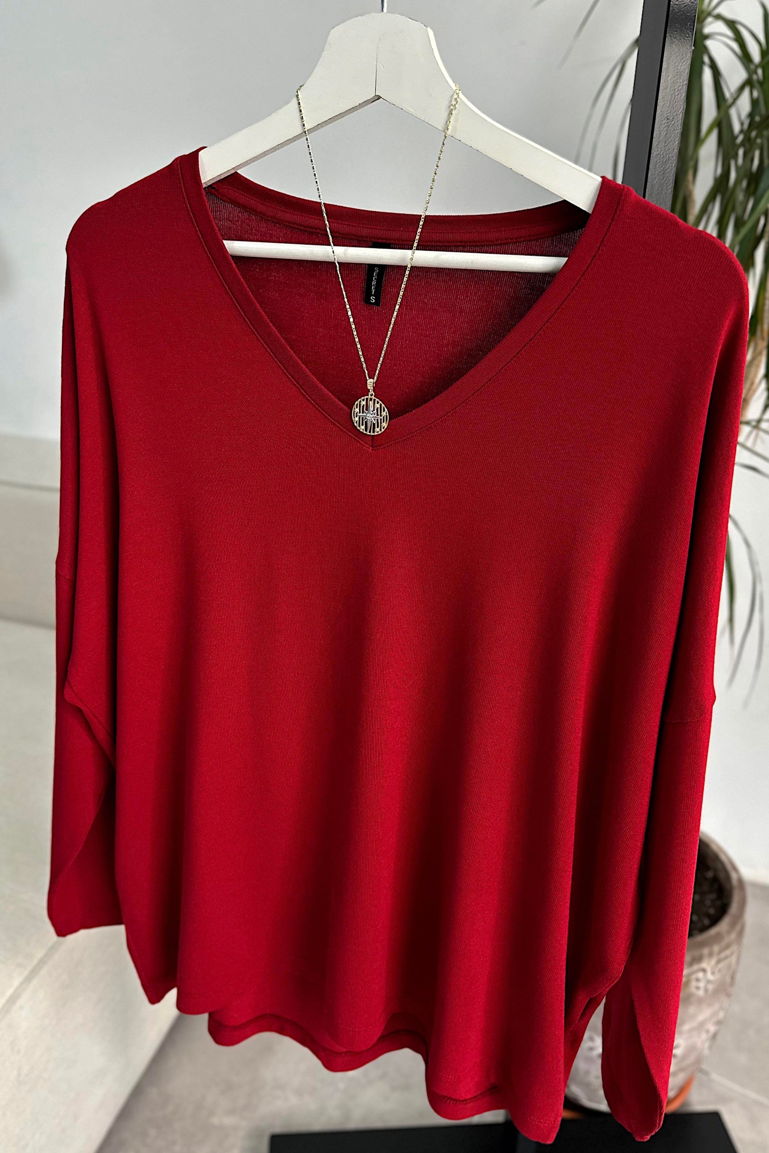 Premium Seri V Yaka Basic Bluz Bordo
