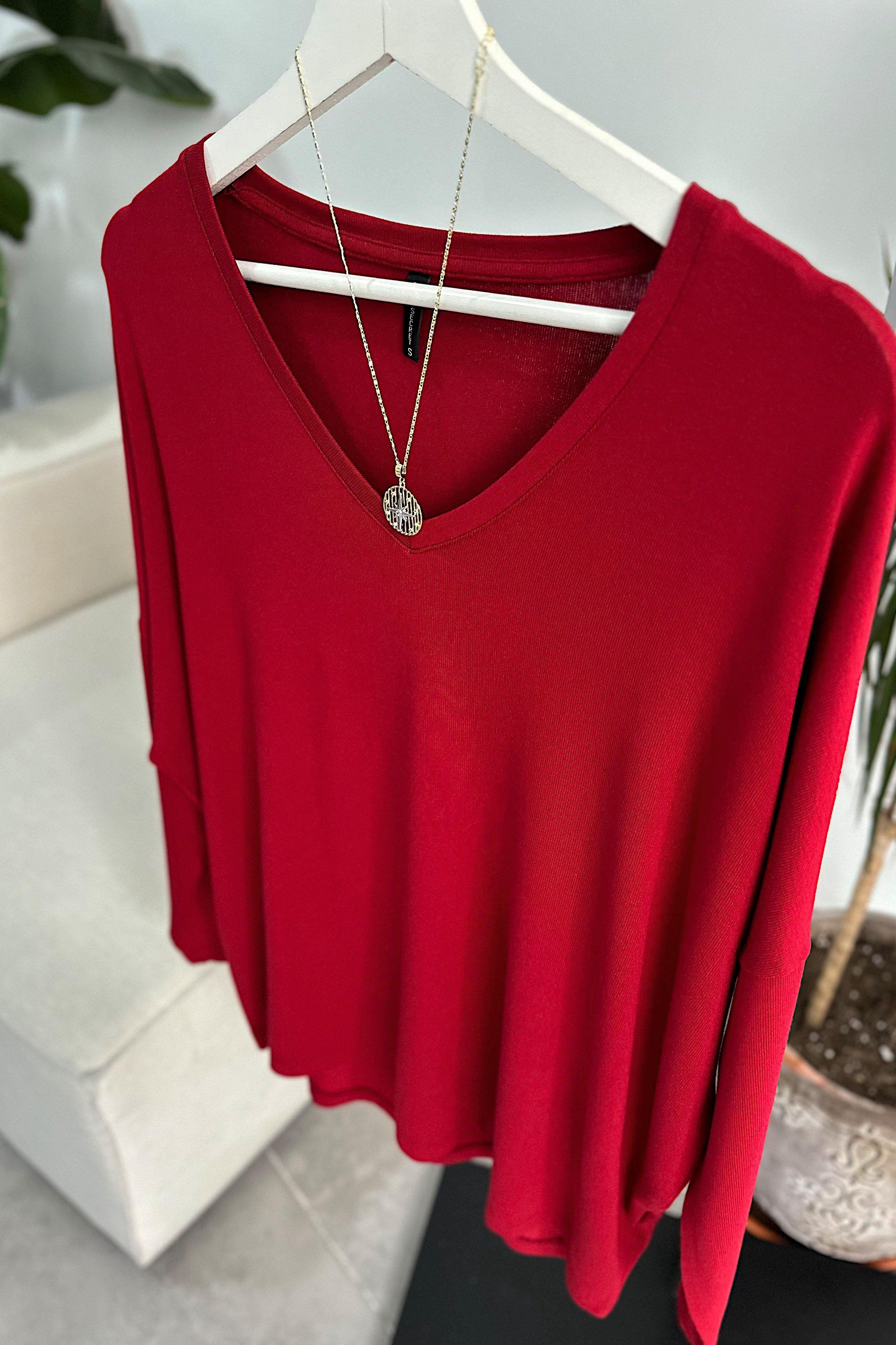 Premium Seri V Yaka Basic Bluz Bordo