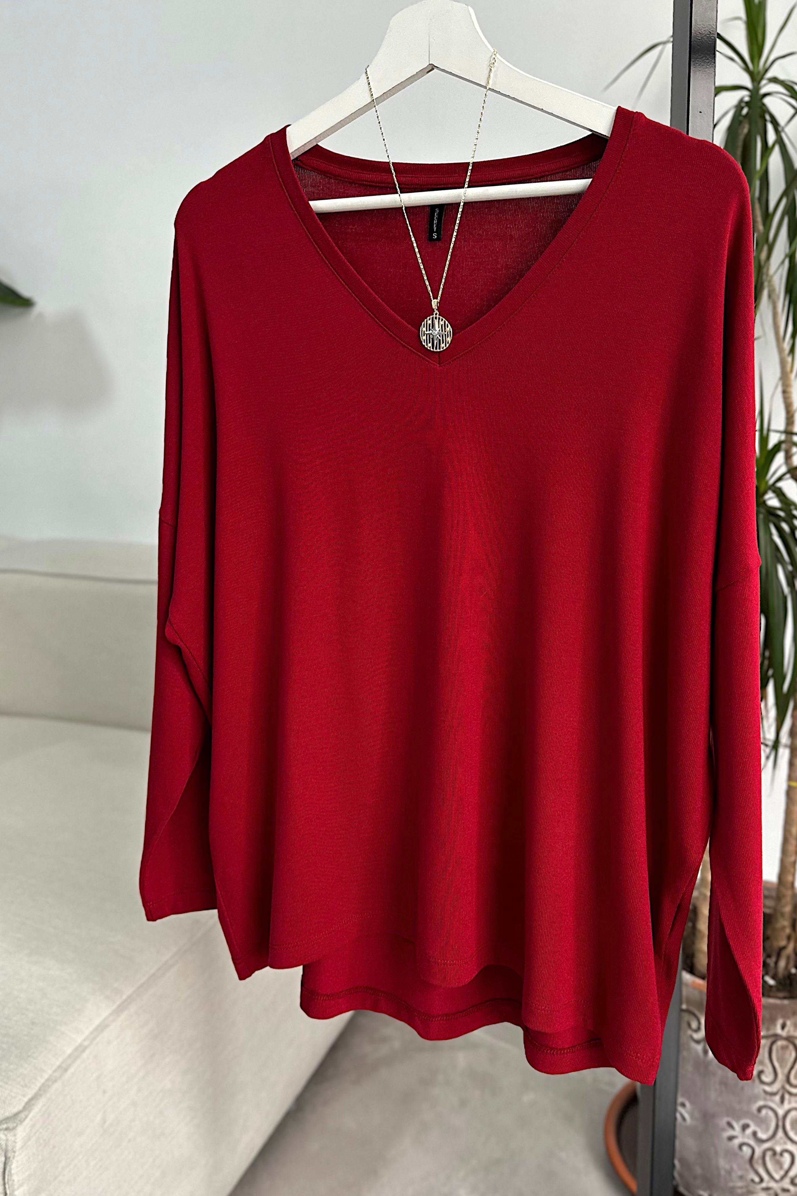 Premium Seri V Yaka Basic Bluz Bordo