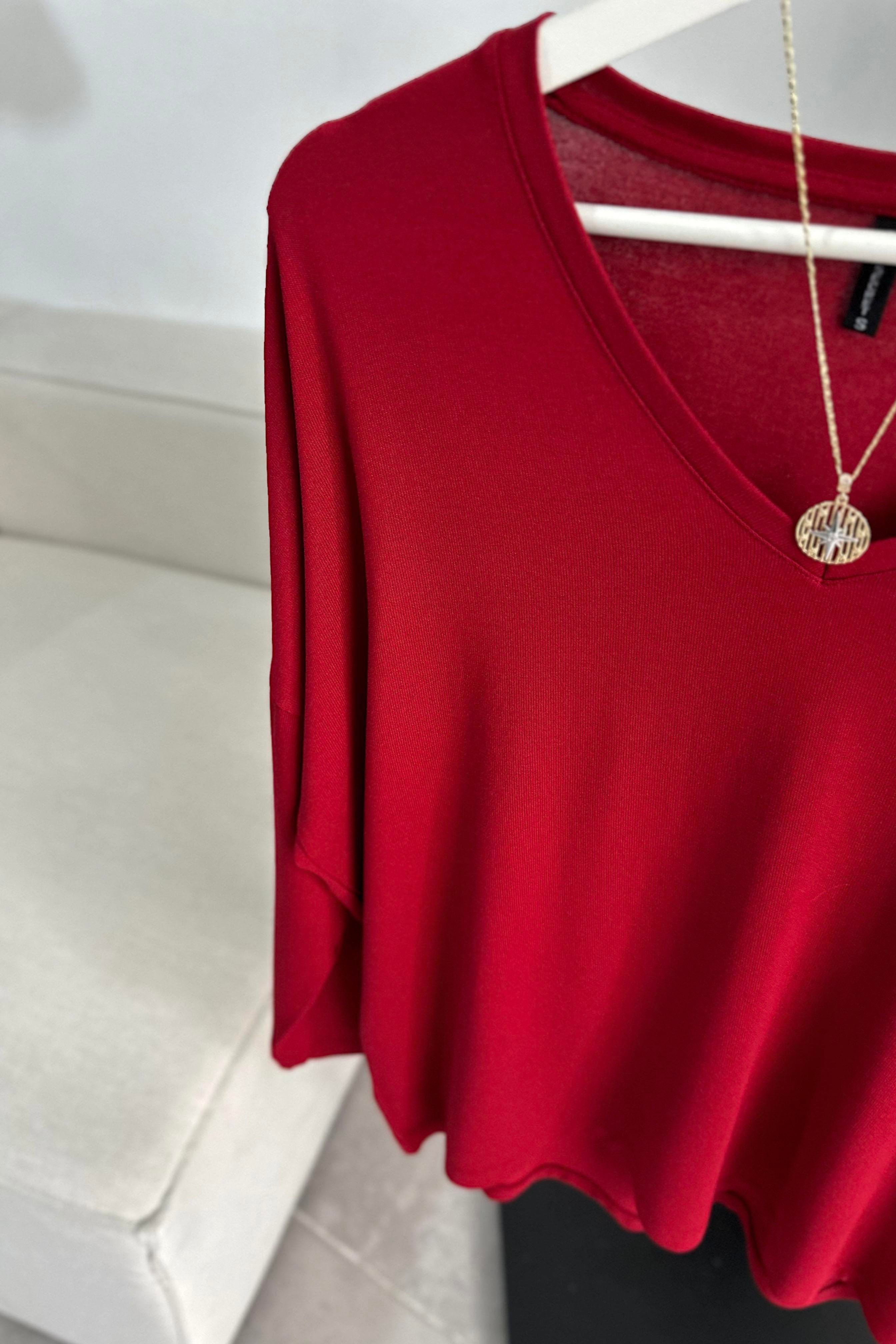 Premium Seri V Yaka Basic Bluz Bordo