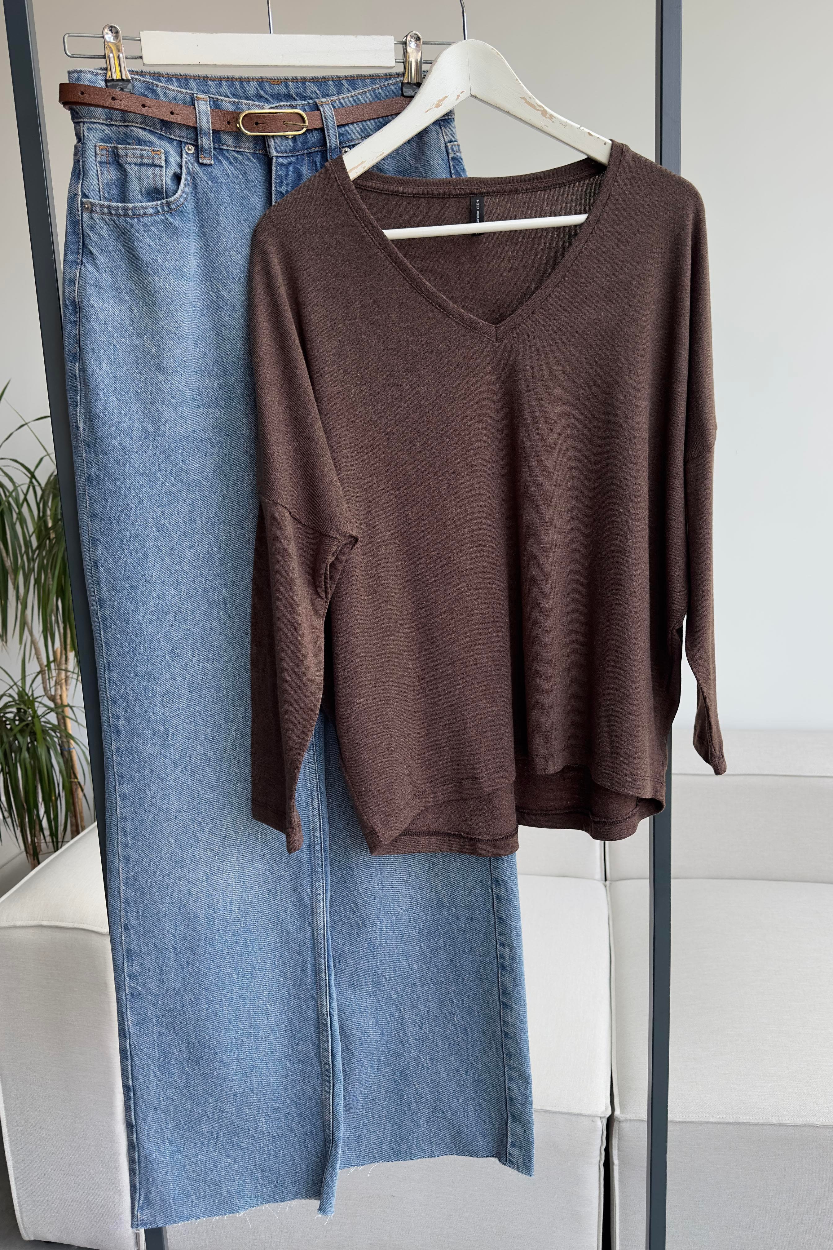 Premium Seri V Yaka Basic Bluz Kahverengi