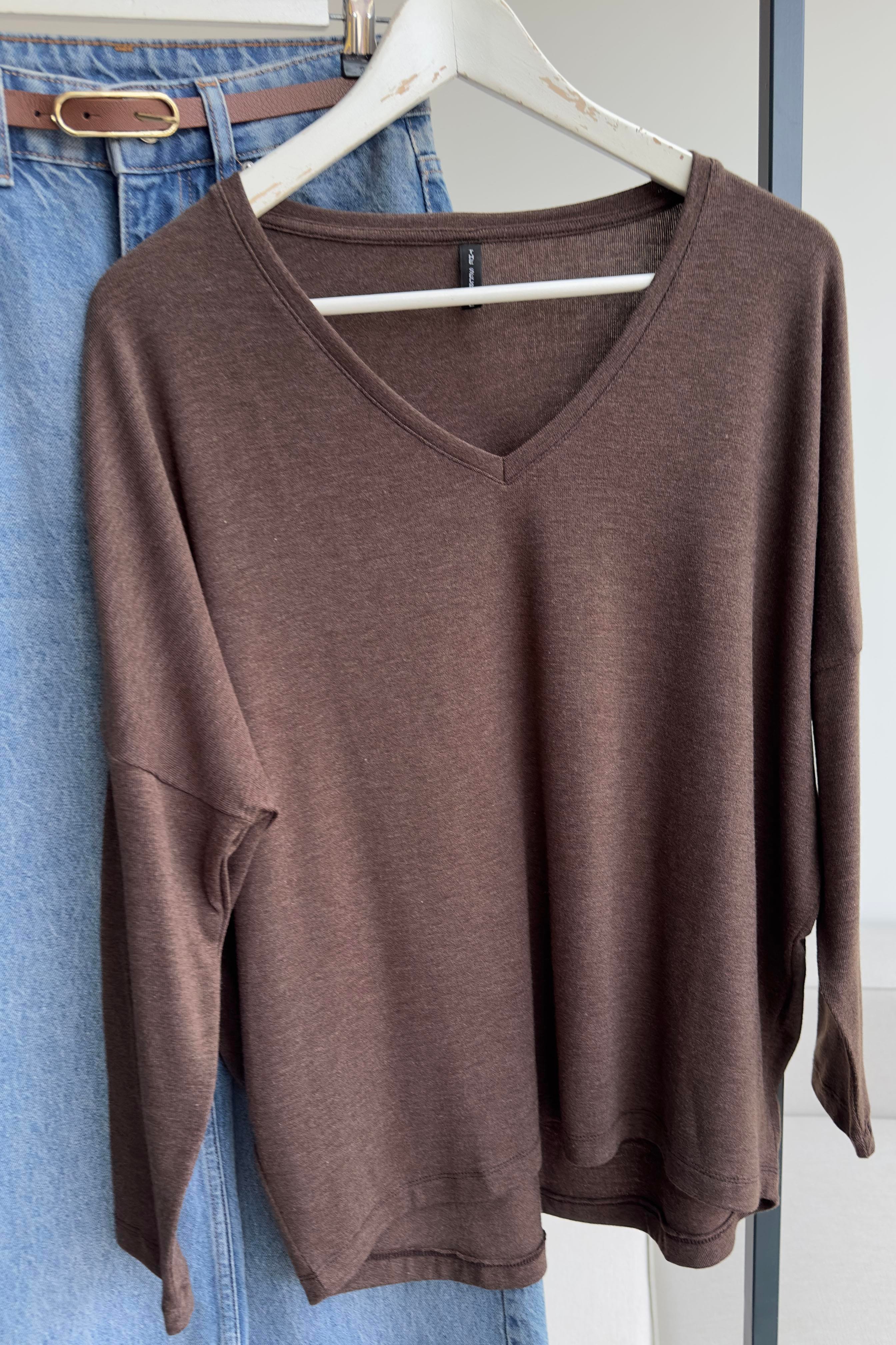 Premium Seri V Yaka Basic Bluz Kahverengi