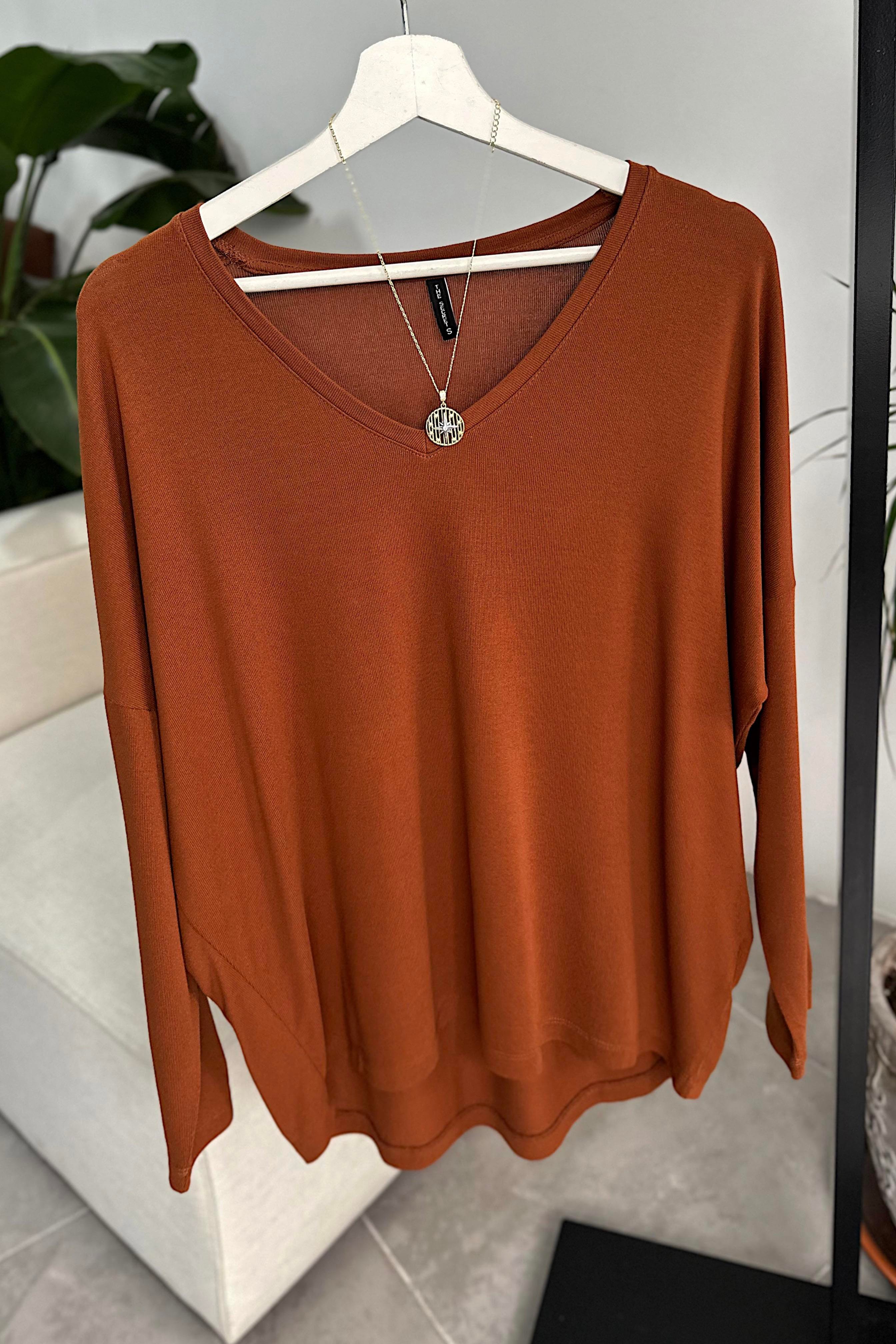 Premium Seri V Yaka Basic Bluz Kiremit