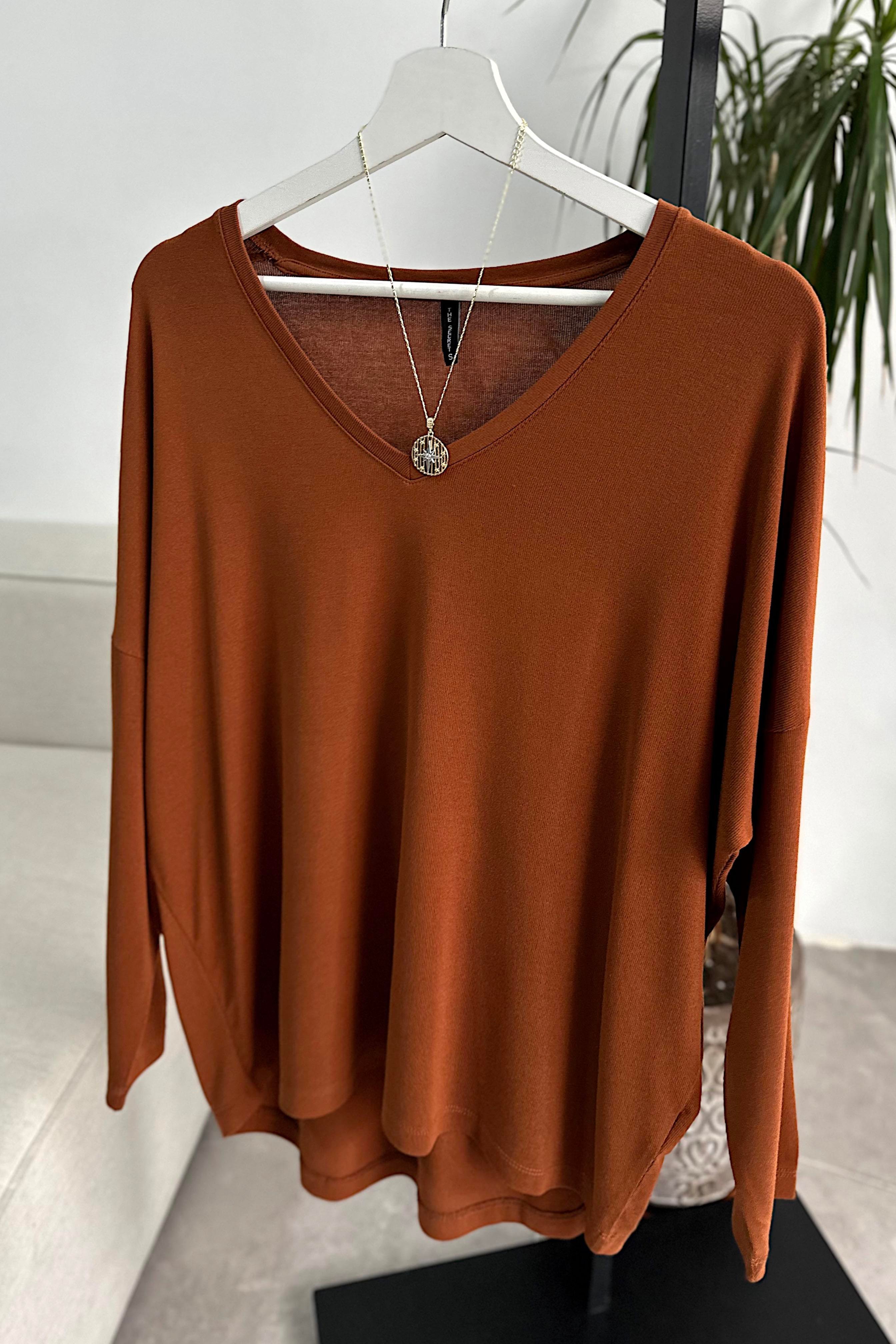 Premium Seri V Yaka Basic Bluz Kiremit