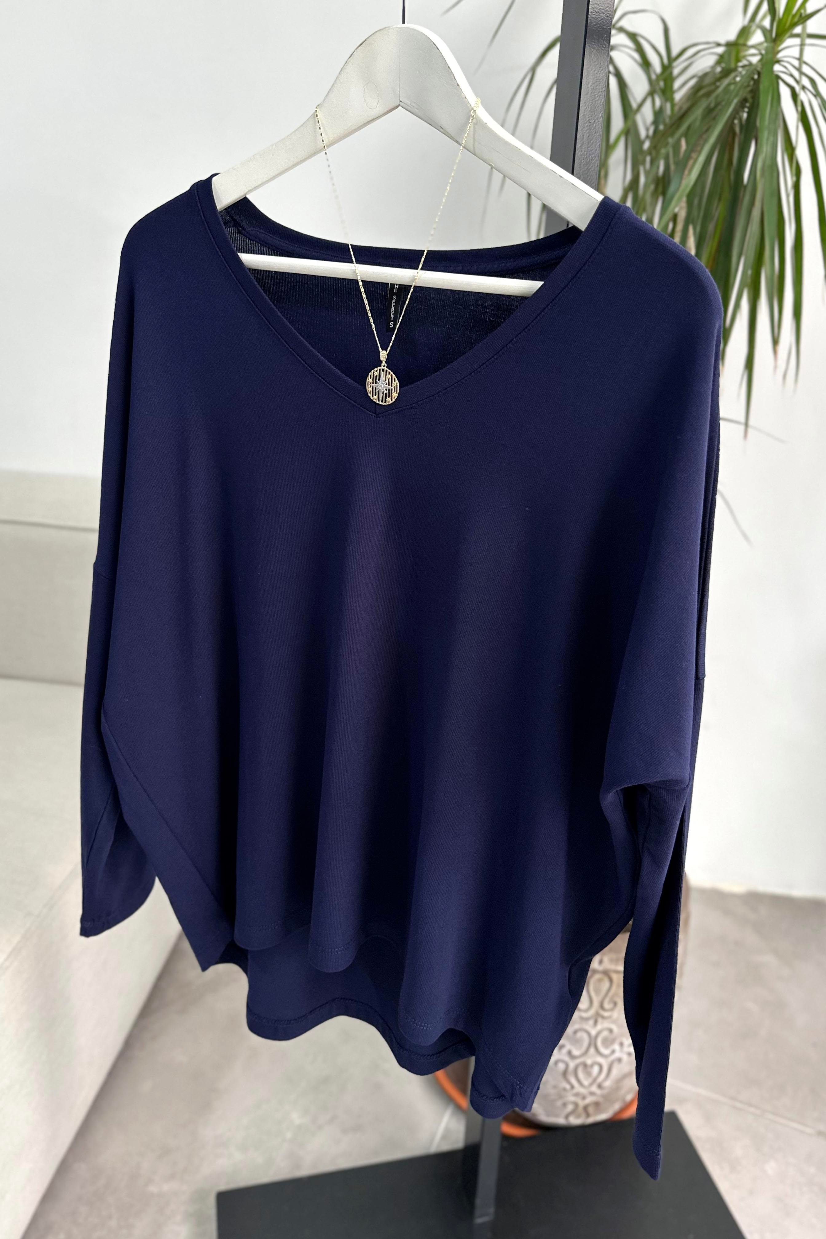 Premium Seri V Yaka Basic Bluz Lacivert