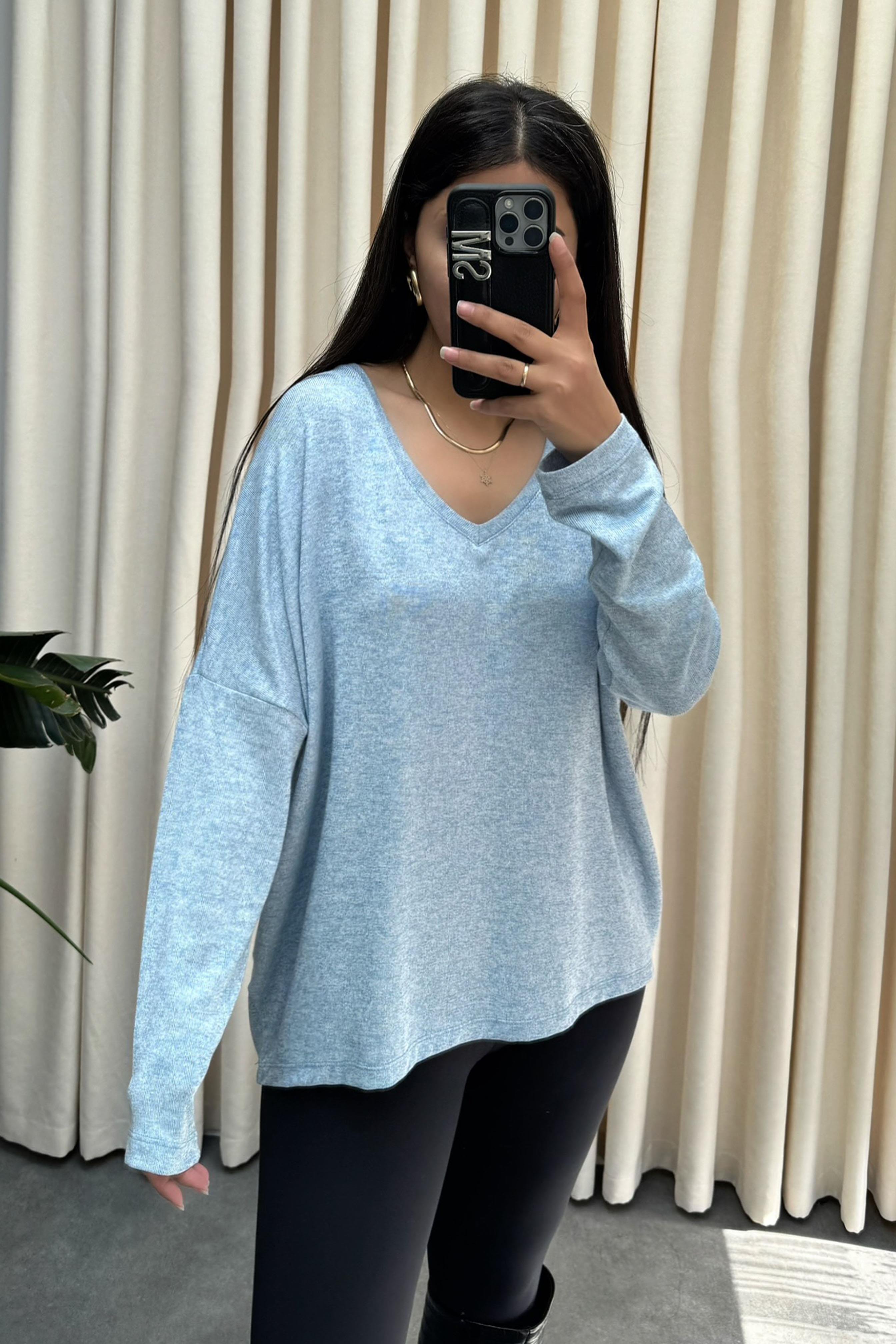 Premium Seri V Yaka Basic Bluz Mavi