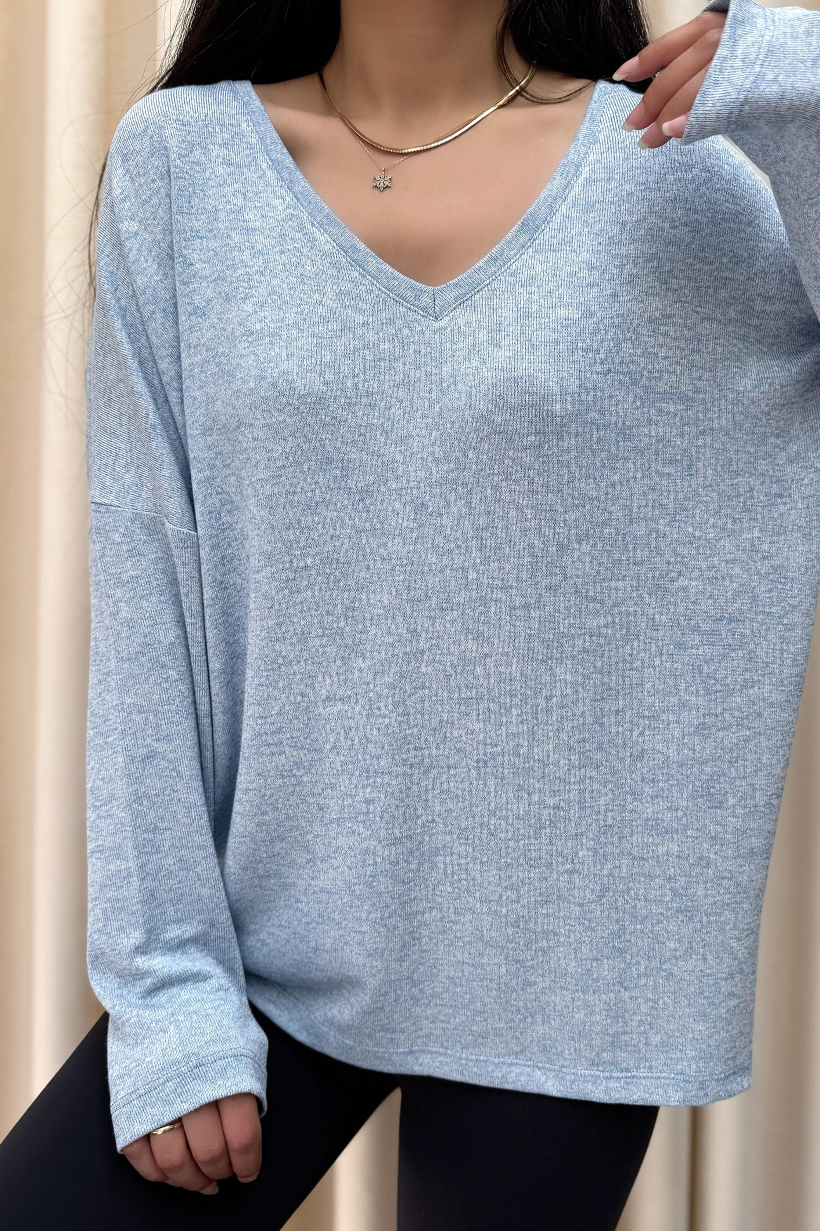 Premium Seri V Yaka Basic Bluz Mavi
