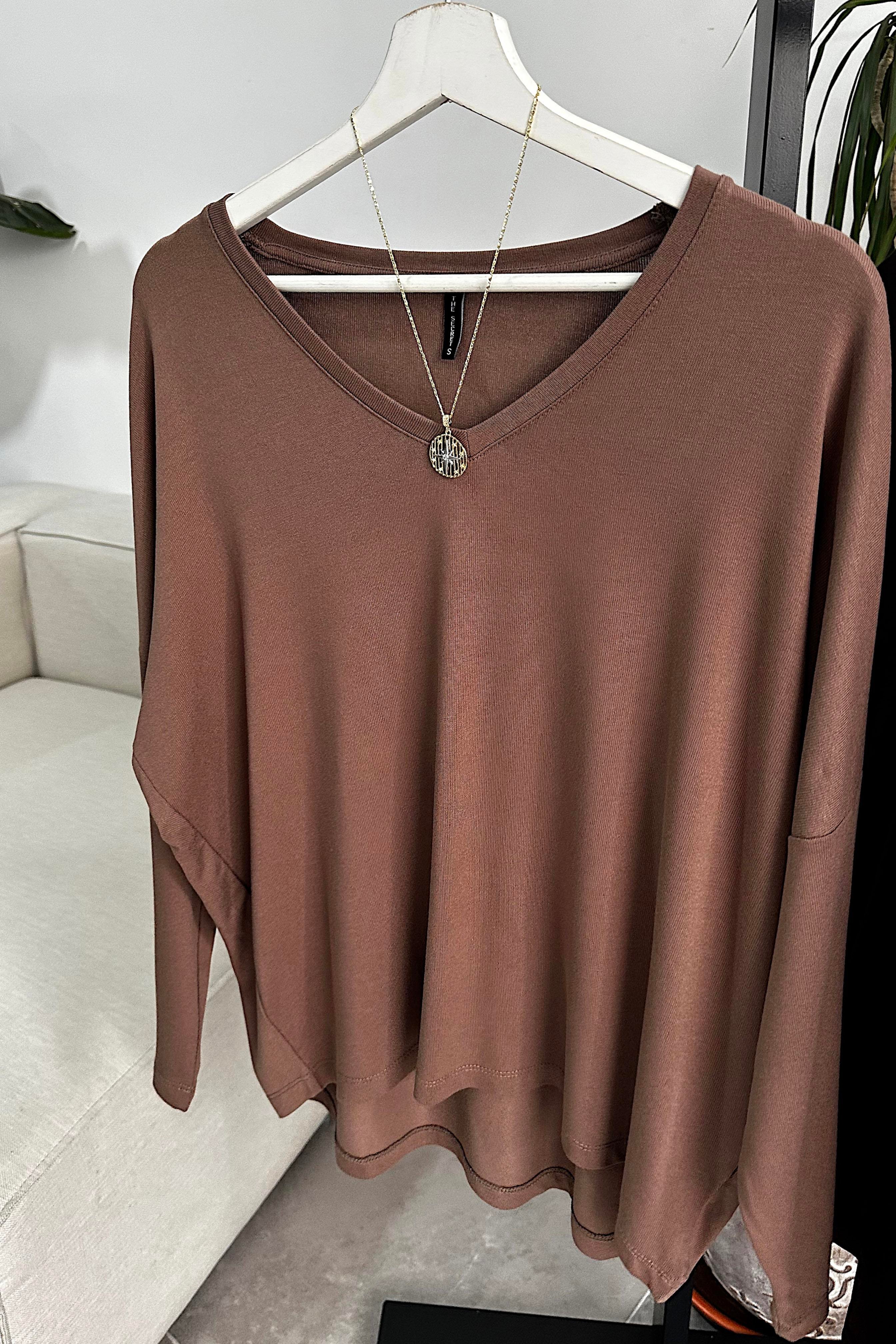 Premium Seri V Yaka Basic Bluz Vizon
