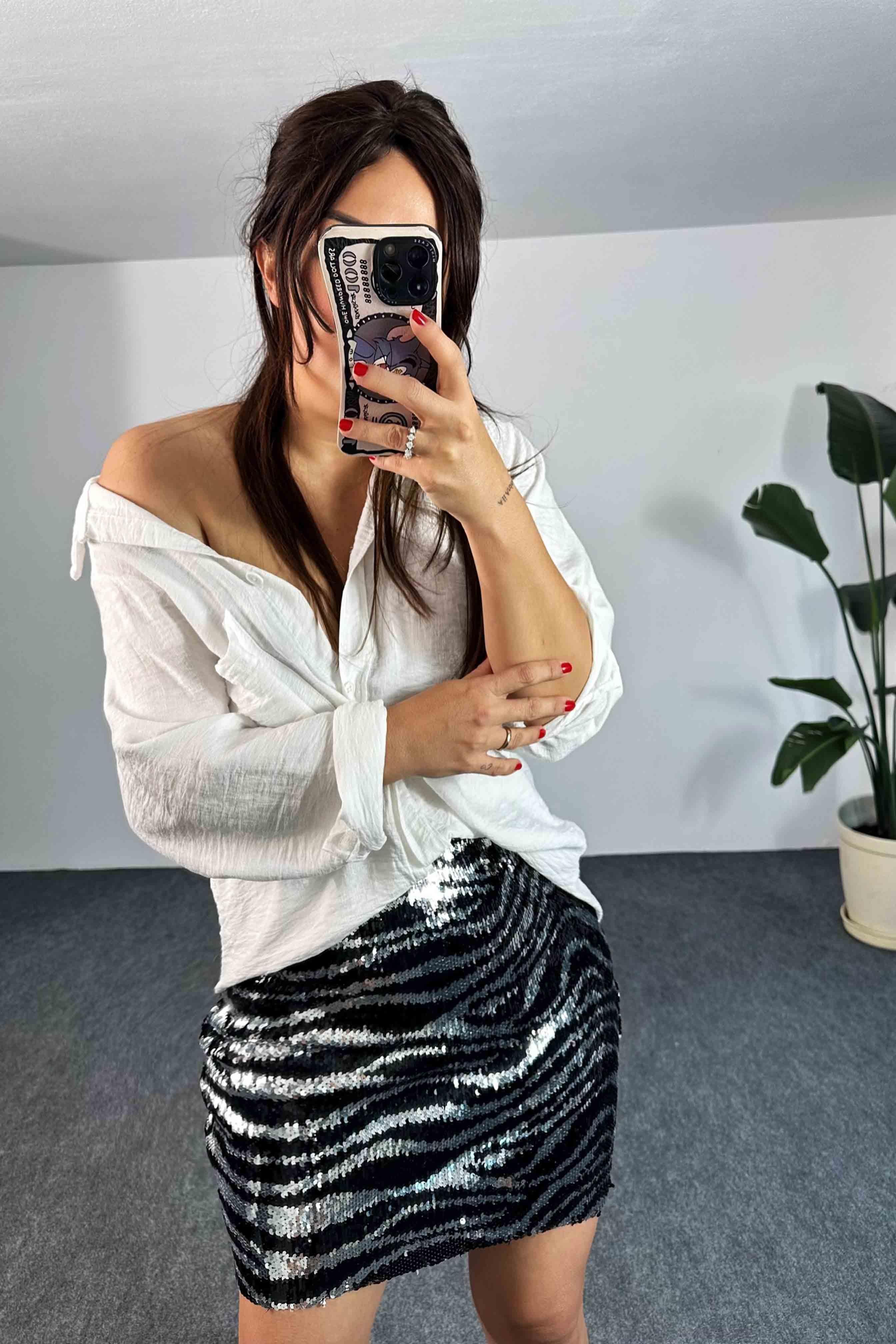 Pul Payetli Zebra Desen Astarlı Mini Etek Gümüş