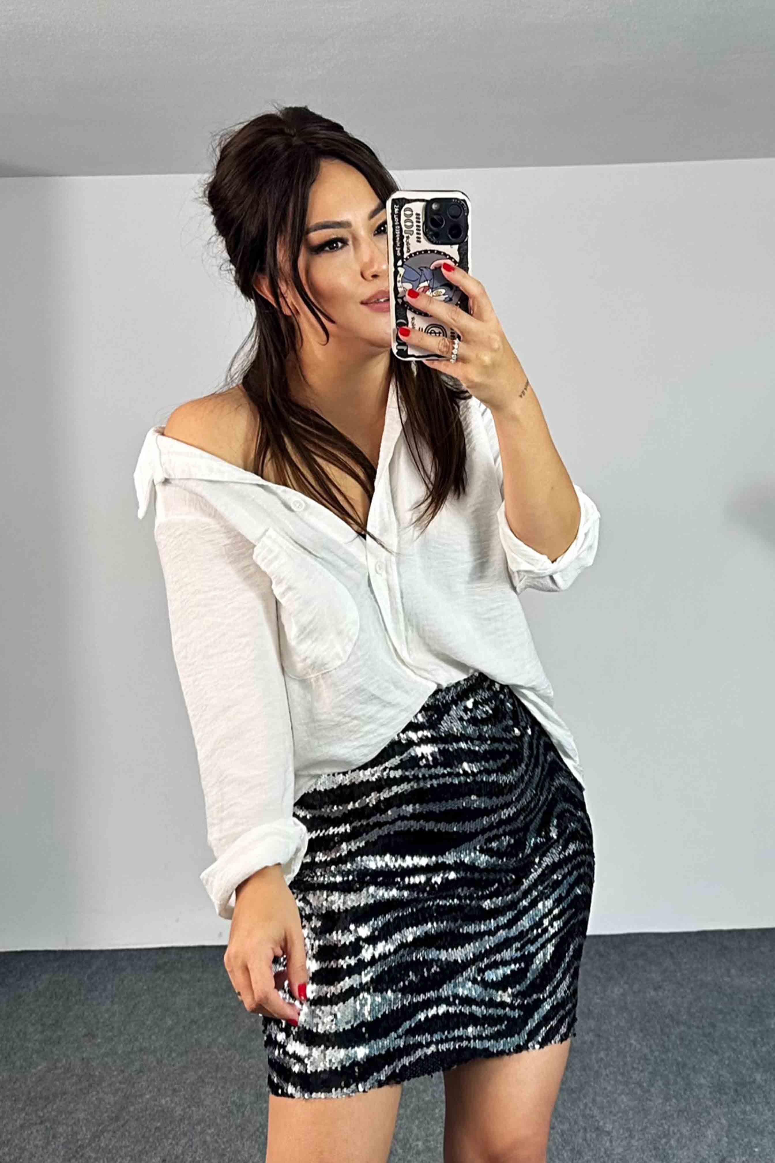 Pul Payetli Zebra Desen Astarlı Mini Etek Gümüş